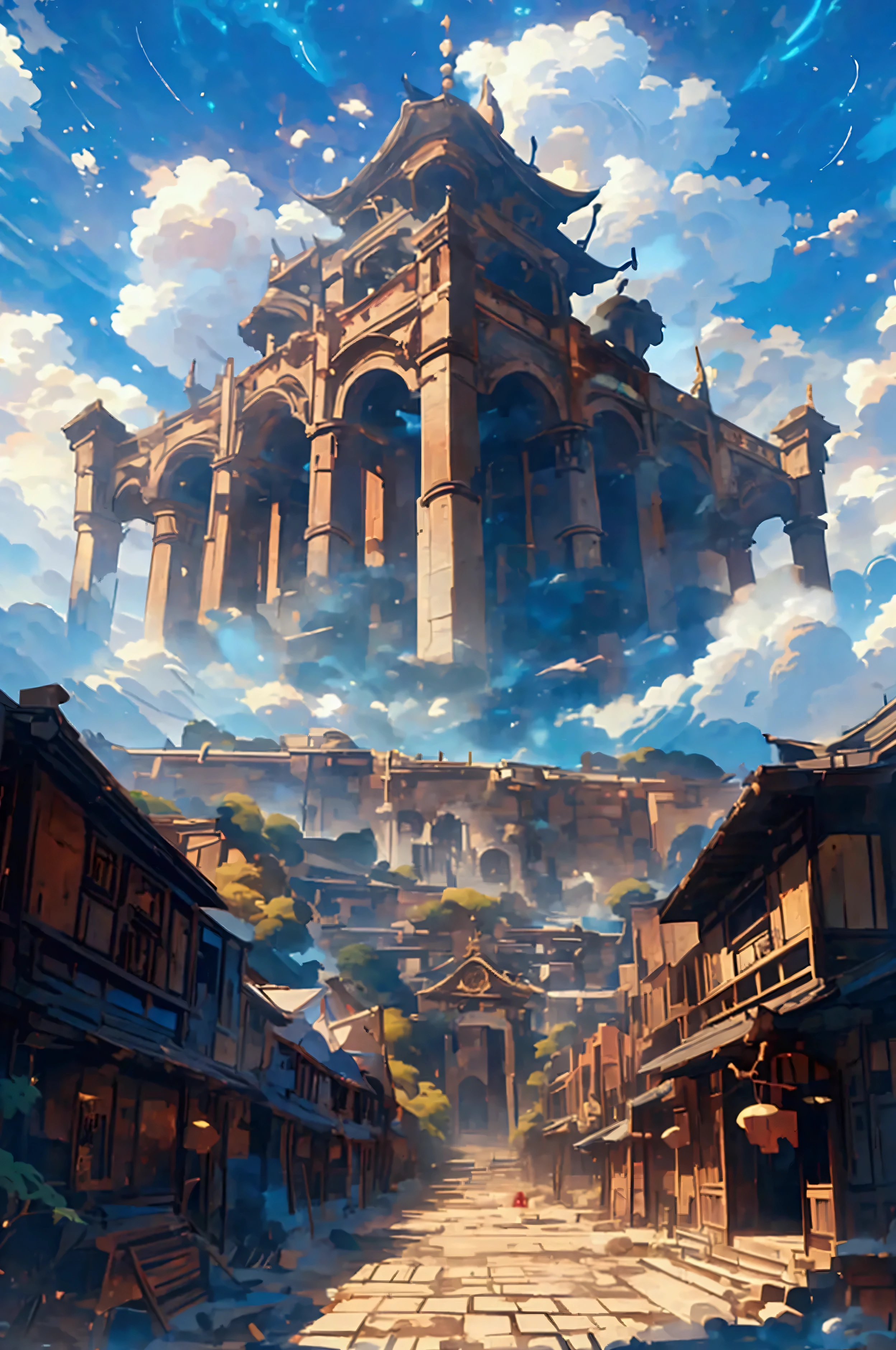 a medival town , temple made of large ancient columns in the middle on a hill, magical aura , seeing a vast blue sky with fluffy clouds and brush strokes , gray and brown brick buildings , makoto shinkai cyril rolando, anime art wallpaper 4k, anime art wallpaper 4k, animated background, anime art wallpaper 8K, animated background art, Anime Landscape Wallpaper, amazing wallpaper, HD wallpaper, 4k anime wallpaper, 4k anime wallpaper , Aries Moross art,art by Bob Byerley , AshleyWoodArtAI, greg rutkowski