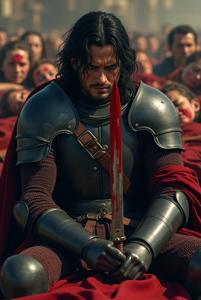 there is a man in armor holding a sword in a crowd, standing in dark light, rain, night, dark hair, henry cavill as a warrior, attractive male with armor, rugged male medieval knight, attractive beefy male with armor, movie still 8k, karl urban as a dragonslayer, richard iv the roman king photo, picture of an adult male warrior, medieval knight, still from a fantasy movie, 4k textures, (film grain), volumetric lighting, dark background, dark fantasy, highly detailed, 24mm, sharp focus, shallow depth of field, bokeh, blurry background, high contrast, dim colors, exposure blend, (dusty:1.3)