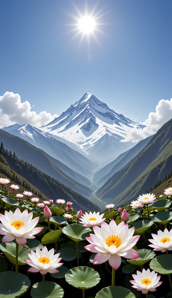 The majestic Tianshan Mountain , snow lotuses bloom like a wonderland , golden phoenix wants to fly , against the backdrop of snowy mountains, making it even more sacred, blue sky and white clouds intertwine , reveals fantasy in serenity , oil painting style ,Genres , long-range perspective , top light irradiates , interlaced light and shadow ,Ultimate image quality, with 8K resolution 。