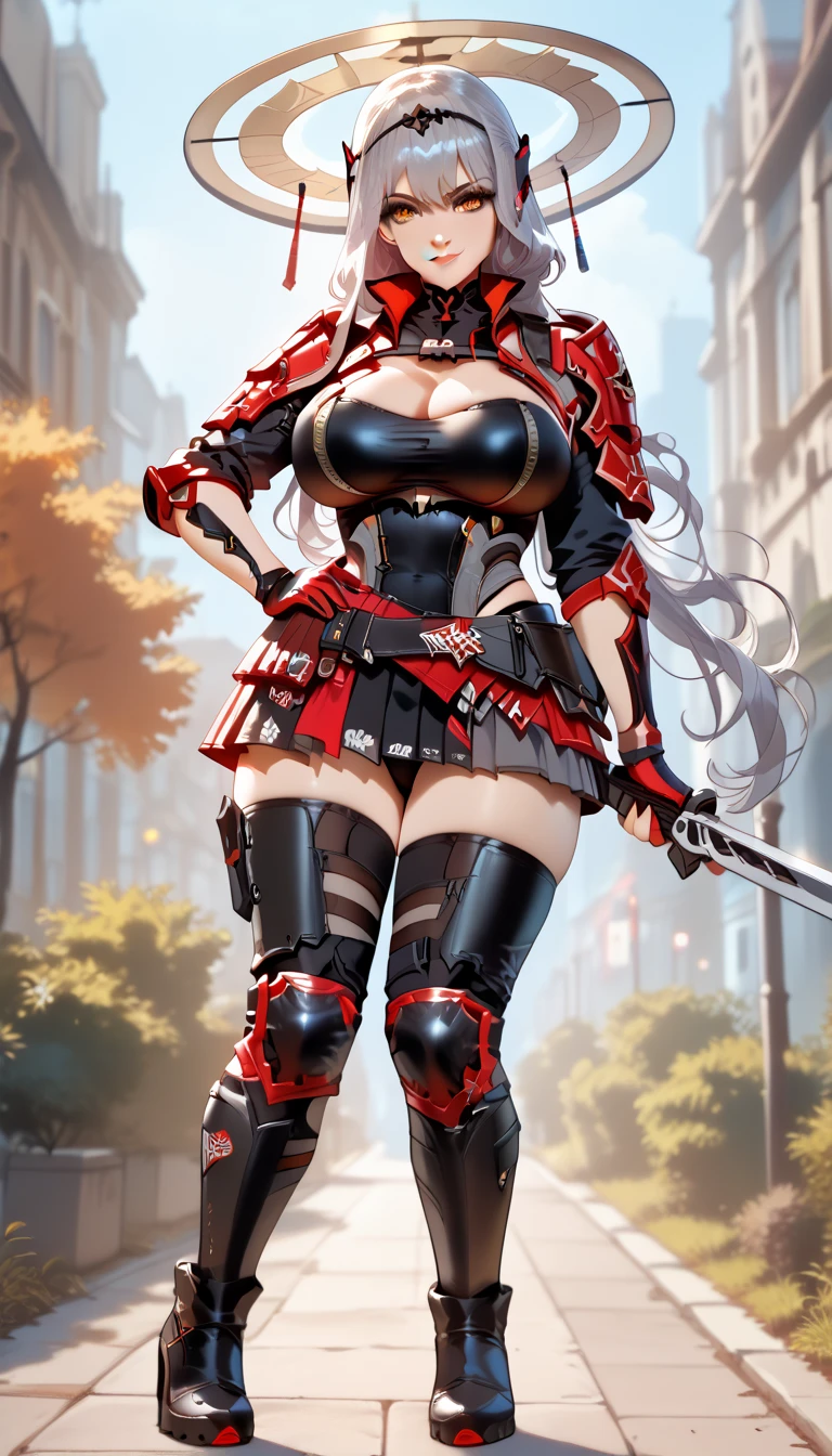 ultra-detailed, 1girl, scrltrnd, (best quality), ((masterpiece)), (highres), 16K, perfect face, yellow eyes, long hair, bangs, grey hair, headgear, tactical clothes, black thong, knee pads, thighhighs, high heel boots, gloves, busty body, large breasts and a beautiful ass, showcasing cleavage, legs, hips, (holding sword), looking at viewer, smile, detailed hair, detailed full body, street background