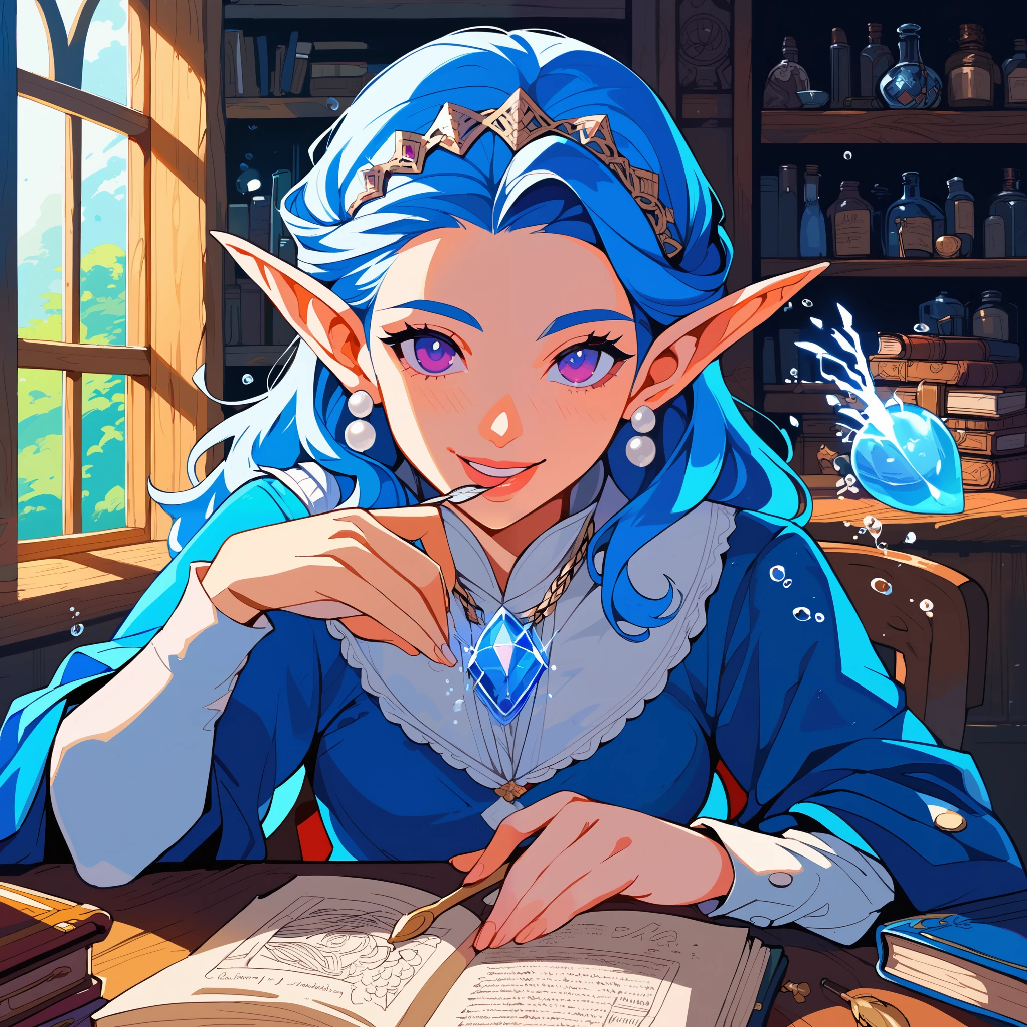 score_9, score_8_up, score_7_up, score_6_up, score_5_up, score_4_up, hires, masterpiece(1girl, cheerful elf, long straight blue hair, a half-up hairstyle with hairpins decorated with small shells and water droplets, gentle purple eyes, pearl earrings in her long pointed ears, a white and light blue maid-style uniform embroidered with waves, and a crystal pendant around her neck)guild receptionist, looking at viewer, wooden counter, quill pen, documents on counter, professional attire, business smile, fantasy interior, wooden shelves, potions on shelves, magic items, crystal ball, books on shelves, medieval fantasy setting, guild hall, detailed background, indoors, warmly welcoming adventurers at the guild counter, she smiles friendly and leans forward slightly, On the counter are colorful quest forms for adventurers, a glowing ink bottle, and a quill, behind her are shelves filled with quest scrolls, thick leather-bound ledgers, and glowing magical items like crystal balls and teleport stones, and on the wall behind her is a large tapestry depicting the guild's crest (a crystal design). Soft lighting, warm atmosphere,