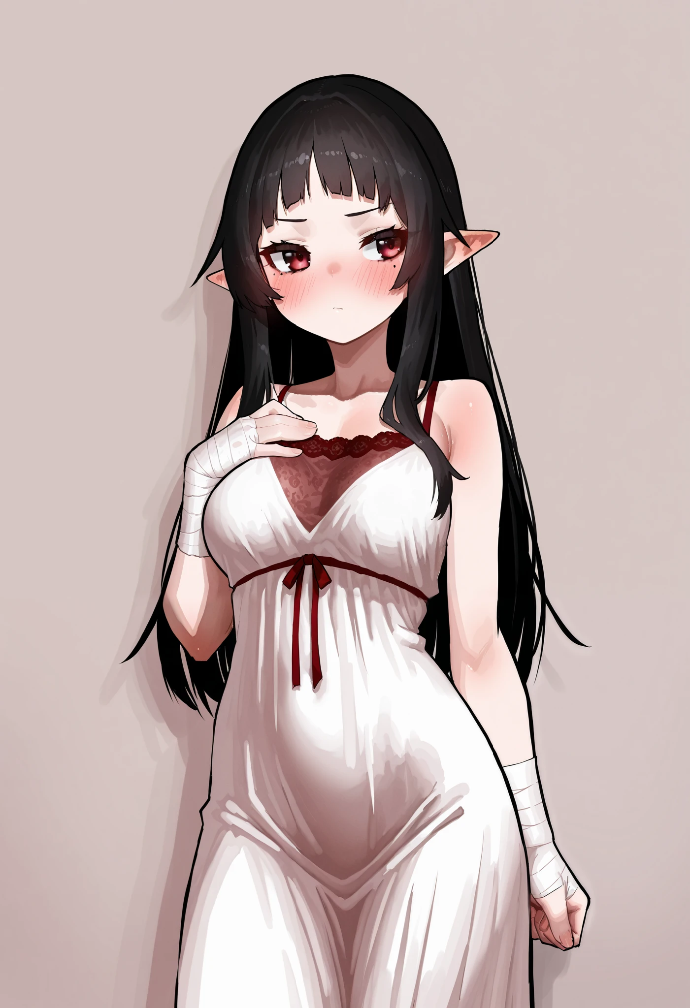 1girl, solo, ekrea jan style, black hair, long hair, straight hair, arched bangs, side locks, dark red eyes, mole under both eye, nightgown, sleeveless, white dress, red lace, medium breasts, bandaged hands, pointy ears, hand on chest, blush, facing viewer, looking away, innexpressive, grey background, looking at viewer, masterpiece, best quality, amazing quality, very aesthetic, high resolution