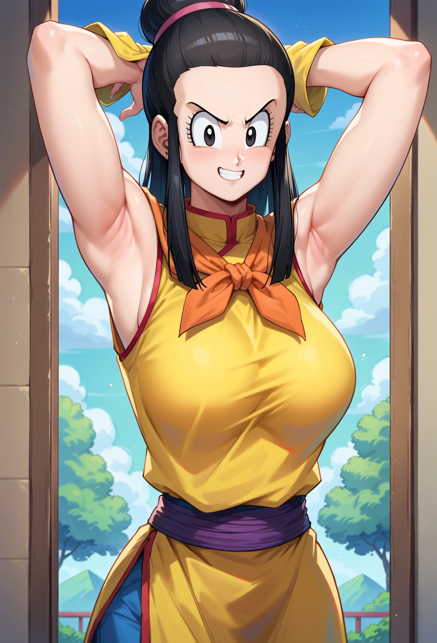 score_9, score_8_up, score_7_up,  ch1ch1 , Who-who (Dragon Ball),   black hair, combing bun upwards  ,  sleeveless yellow kimono on her arms big breasts hands up armpits,  in a house smiling High resolution ,  masterpiece,  Precise, escote pecho descubierto , estiló peinado (Buu Saga)