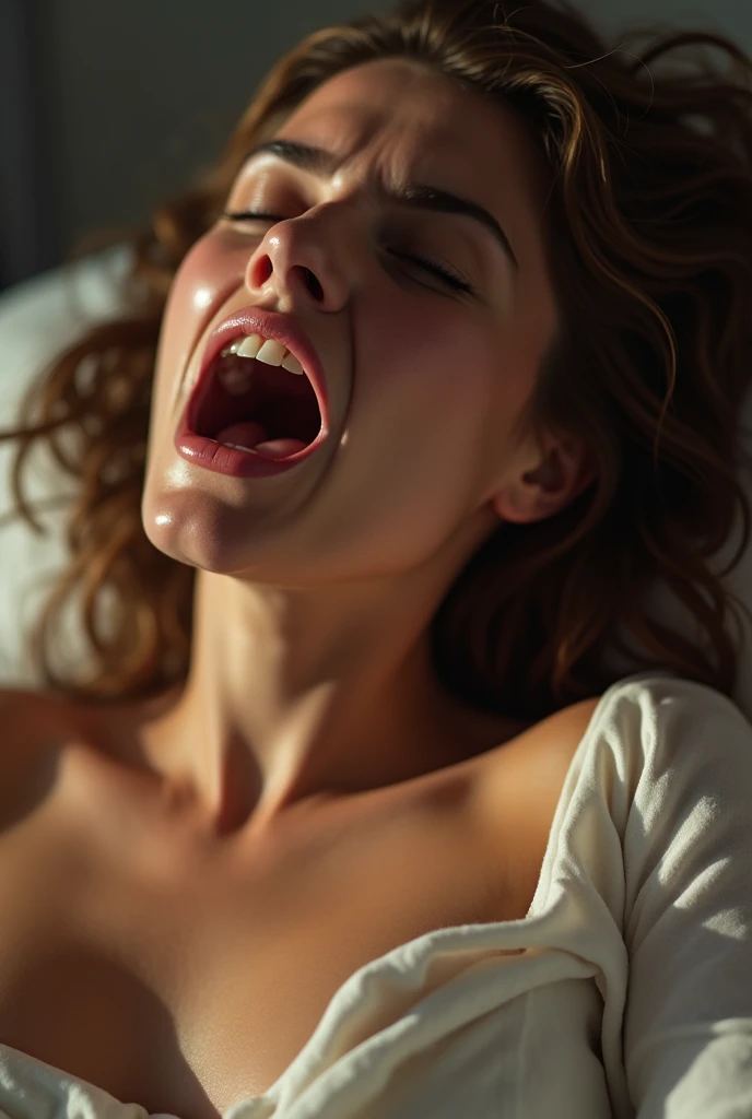 ((Picture of a sweaty woman having sex in a missionary position on a bed)) close-up 、(( Intense orgasm, ))、 美しいモデルの鼻の close-up 、 Focus on the nose , ,  focus clearly on your nose  、((  nose hair grows in the nasal cavity  ,  show me the nostrils from below  ))  When you raise your nose from below 、You can see your nostril holes ,  can you see holes in your nose  ,  soft hair that shines in backlight  ,Sweaty skin, Super wet skin、  white skin,  close your eyes and open your mouth wide  ,Frowning, pain, scream, frown, retina,  super detailed  ,  high detail ,  high res 、  Imagine it from a beautiful woman's perspective 、Super white eyes  ,(( half closed eyes ))  Angelina Jolie  ,((  SEXY WOMEN  )) Beautiful skin , (( head back break screaming orgasm )) Nogizaka46 girl ,Kato Ai,