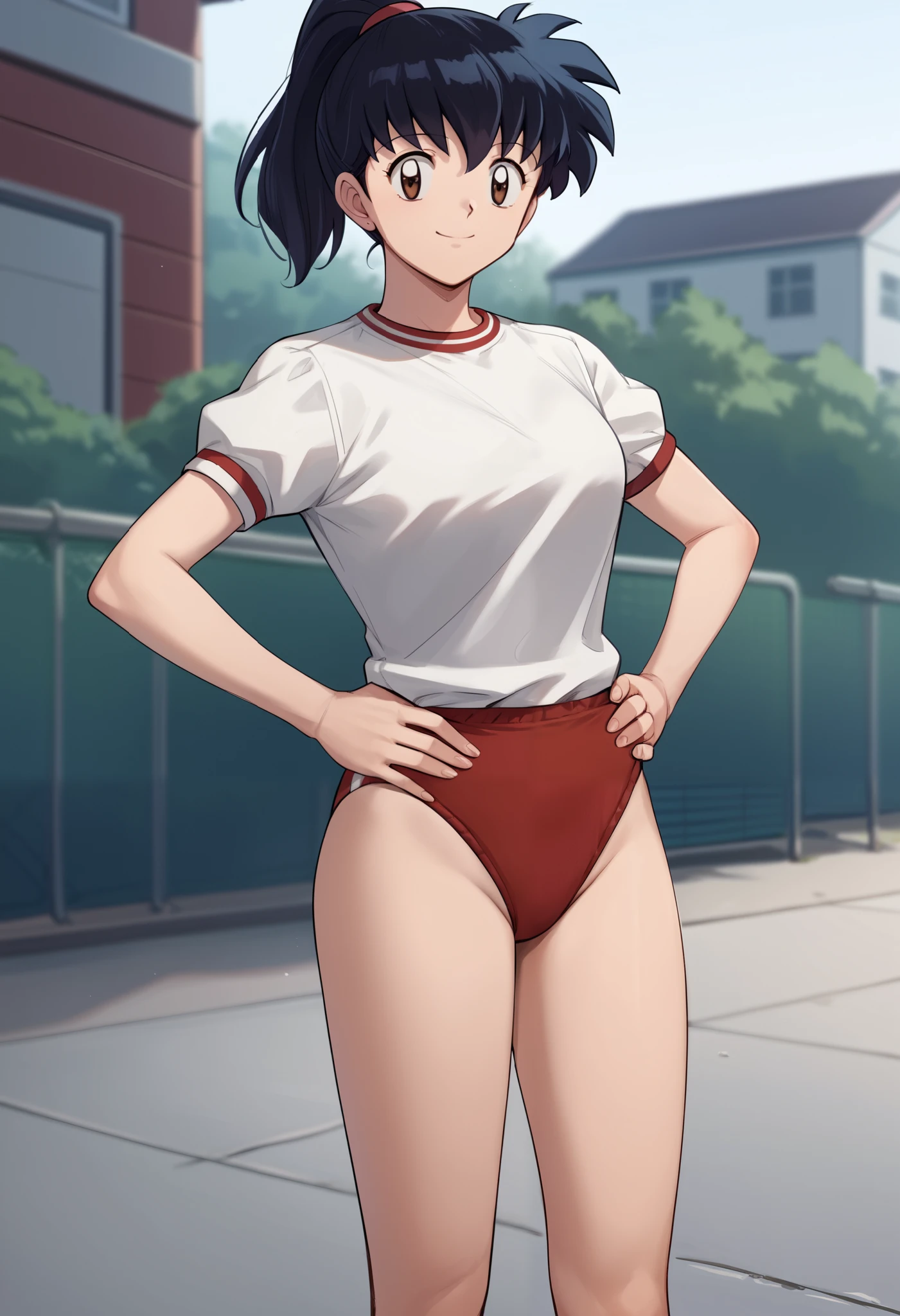 score_9, score_8_up, score_7_up, score_6_up, score_5_up, score_4_up, BREAK, source_anime,
1girl, kagomehigurashi, bangs, black hair, ponytail, brown eyes,
gym uniform, white shirt, red buruma,
hands on hips, smile, solo, looking at viewer, outdoors, park background 