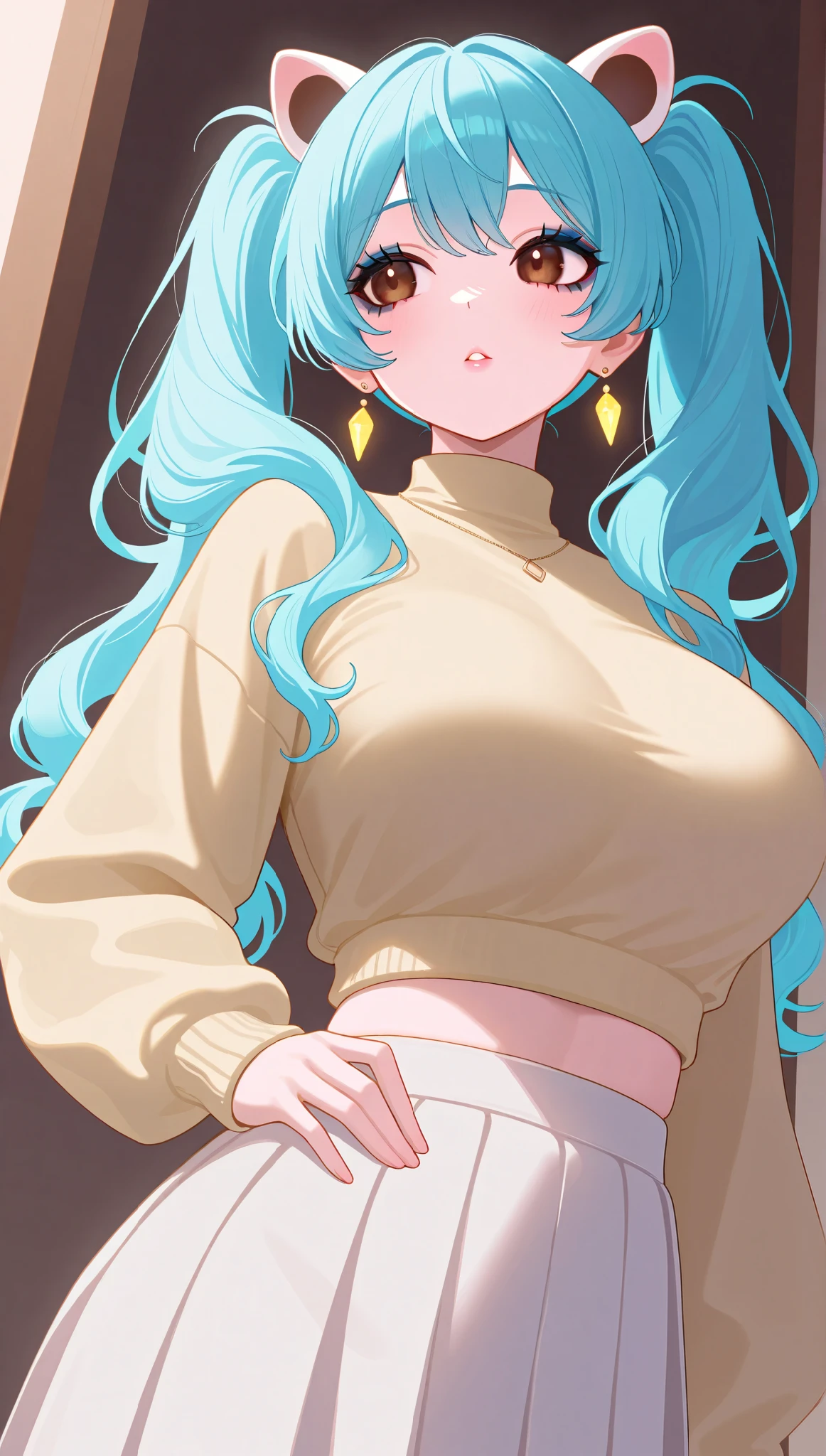 (masterpiece), (portrait), big breasts (aesthetics), ((1 female 21 years old)), Highlight earrings), ((long hair, long pigtails)), ((Hot crystal blue hair)), Wavy hair, thin eyes open, brown eyes, cute, female, woman, feminine, beautiful, female features, top, high quality, aesthetic clothing, professional angle, (rule of thirds), (feminine), (feminine), (feminine), (beautiful) , (female ) features), solo, (Korean attractive), summer, (ink haze), (afternoon), (vibrant light), seductive posture, ((face looking forward))), sweater blouse, beautiful pleated skirt ((Energy)), (Bold Makeup), (Big Breasts), Fair Skin, (Clothes with Hip Hop Details), (Crop Top), (Sleep Neckline), Beautiful Hands, Body beautiful, beautiful ears, beautiful eyes, bright eyes, beautiful mouth, beautiful lips, sideways
