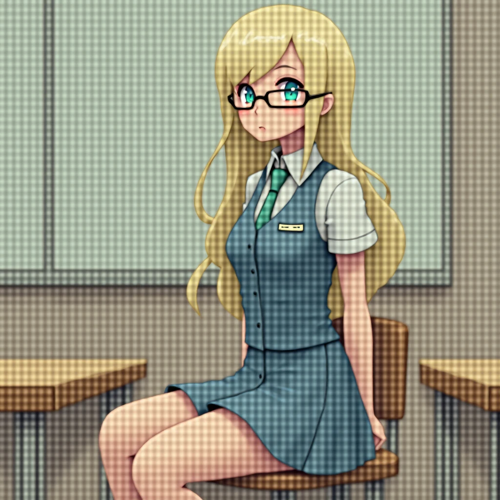 Lookism Manhwa depicting a blonde woman with long hair, wearing glasses. She is dressed in a school uniform, consisting of a white blouse, blue tie, and a blue vest and skirt. She is seated in a classroom, sitting on a chair with her legs crossed, looking confidently towards the viewer. The classroom setting includes a desk and a neutral-colored wall