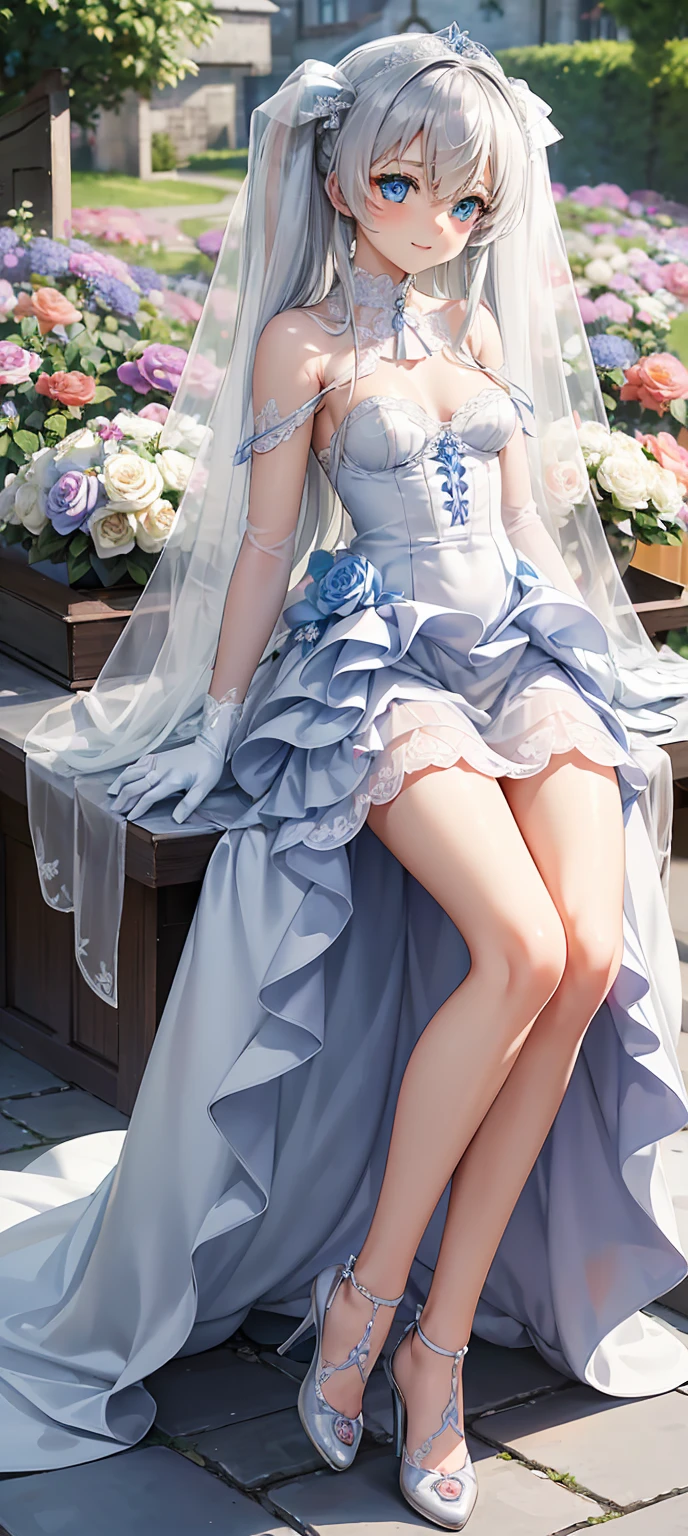 (Fabulous exquisite Celia Claire), Beautiful finely painted blue eyes 、 long silvery hair,  natural straight hair,  twin tails、 One Girl 、 Extremely Delicate 、Straight face、 incomparably beautiful girl with excellent estimates、 soft、(Functional)、(Naughty)、(Cute)、Delicate face、Bright lips, A shy and lewd smile、（Transparent Veil）、(( white see-through strapless wedding dress with gorgeous lace embroidery))、  The shape of an erect nipple stands out、((Pure white gloves))、(((I have a bouquet of bridal dresses)))、 white panties with gorgeous lace embroidery、 ( high heels)、 ( small butt)、(((Big Breasts)))、(((:1.15)))、(((lim figure)))、((( very thin and beautiful thighs)))、( very thin and beautiful waist )、(Long, slender legs)、((( flower garden where you can see a small church with colorful flowers)))、4K、 super high res、(masterpiece,  best quality)、( Beautiful Finely Painted Eyes )、( Beautiful Detailed Face)、Stroll through the flower garden 、 composition from the front、 full-body portrait from head to toe