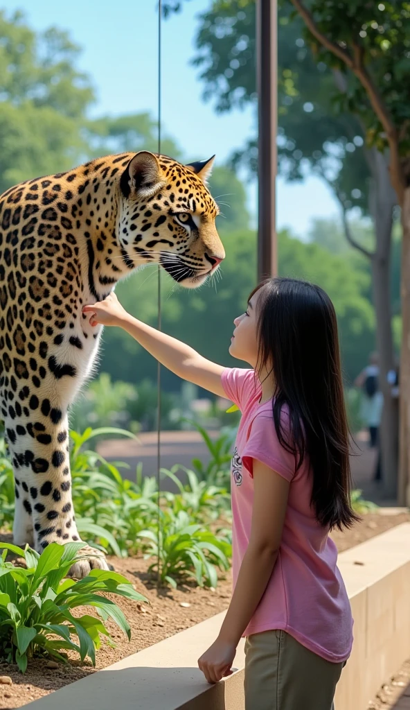 The girl at the zoo looks at you ,  reaches out to the leopard enclosure