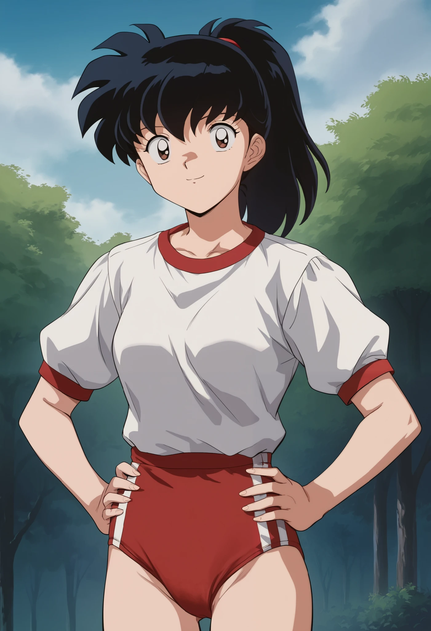 score_9, score_8_up, score_7_up, score_6_up, score_5_up, score_4_up, BREAK, source_anime,
1girl, kagomehigurashi, bangs, black hair, ponytail, brown eyes, retro style 
gym uniform, white shirt, red buruma,
hands on hips, smile, solo, looking at viewer, outdoors, park background 