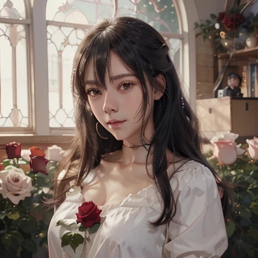 Anime girl with long black hair and a white dress with red roses, Gwaiz, Gwaiz on pixiv artstation,  detailed digital animation art, beautiful anime girl, Gwaiz on artstation pixiv, Anime Style 4k, everyone, beautiful anime portrait,  detailed portrait of an anime girl ,  BEAUTIFUL ANIME WOMEN ,  Detailed Anime Art 