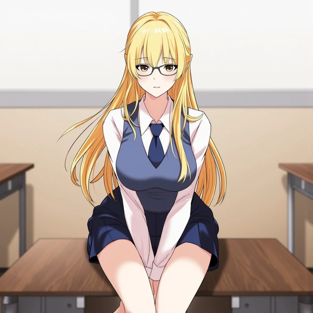 Lookism Manhwa depicting a blonde woman with long hair, wearing glasses. She is dressed in a school uniform, consisting of a white blouse, blue tie, and a blue vest and skirt. She is seated in a classroom, sitting on a chair with her legs crossed, looking confidently towards the viewer. The classroom setting includes a desk and a neutral-colored wall