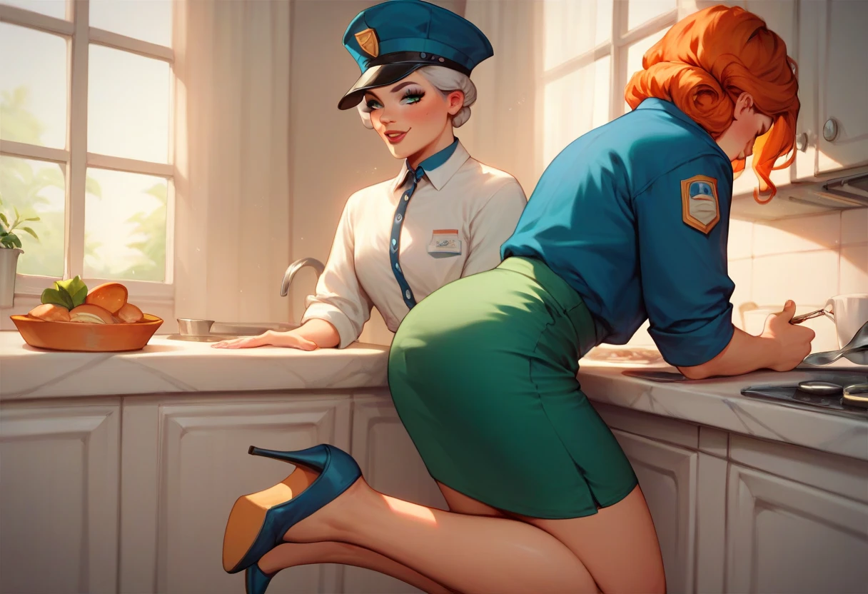 a  tall older postman with short gray hair, wearing w white button shirt and blue postman jacket with postman hat,  big penis being stroked by woman with long ginger hair, wearing a white seater and green skirt, high heels, in kitchen