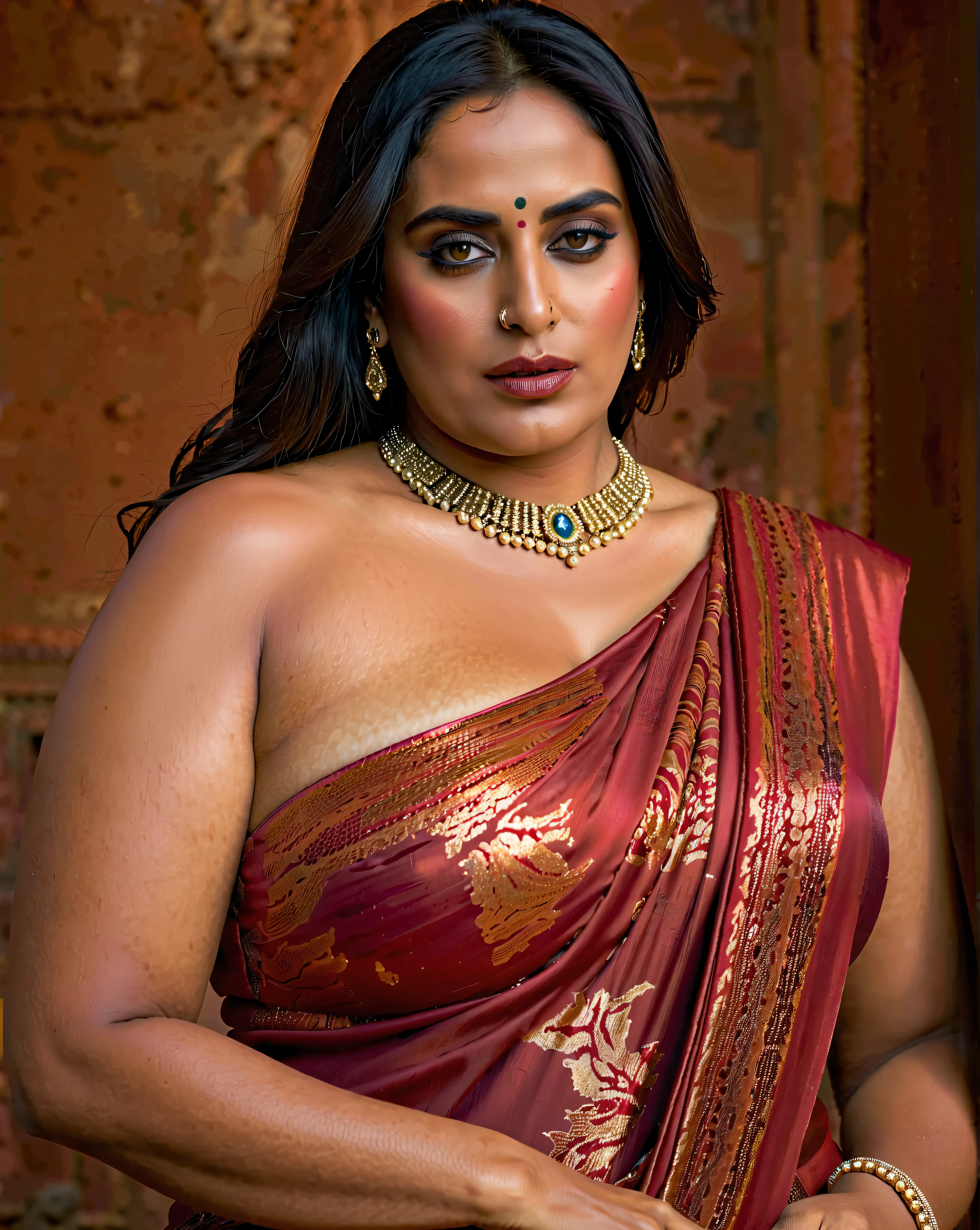 Looks like Mahie Gill, full body Closeup shot, Big chubby aunty, milf, demoness mommy, mother of demons, heavy figure Indian aunty, huge figure, huge massive breast, cougar lady witch, horny Gothic milf,  70 years old gorgeous mature lady, pervert demoness, demoness of lust, curvy, black lips, horny face, extremely gorgeous, thick figure, heavy physique, voluptuous, curvy, sexy figure, Fashionable portrait of androgynous alien looking witch, glowing eyes, futuristic design, minimal details, givenchy, photoreal, 200mm, hd, f/ 2.0, highly detailed, surreal, sexy beautiful evil woman, sexy bold sequin Saree with strapless Bra, chudail, Pishachini, horror genre, blood-thirsty enchantress, powerful female spirit, eerie, drop dead, in the style of red and blue, (intricate details, hyperdetailed:1.15) (skin texture:1.2), dark Moody tone, cinematic lighting, haunted place in background, 