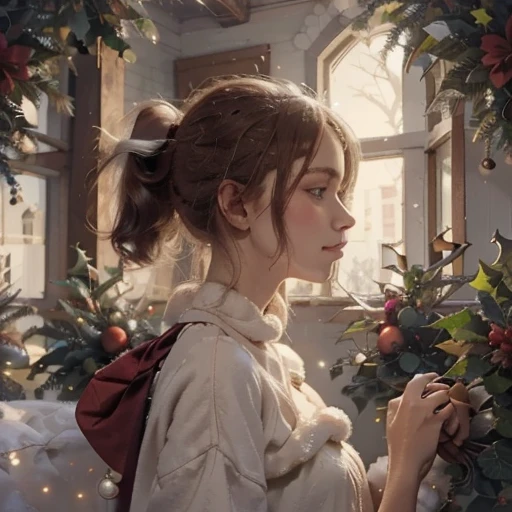  One girl ,  ponytail,  christmas illustration