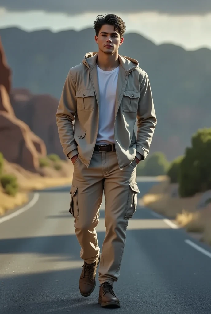  engraved image of a man walking down a road wearing an open earth-brown shirt,  white sweatshirt, Baggy pants with lots of pockets in light earth tones, Hands in pants pockets, Stylish self-confident , desert landscape, summer, sunset, A digital representation of Shinji Aramaki , tumblr, what is?,  wearing cargo pants , vintage advertisement of Levi  &#39;S, 1990s style clothing,  casual wear,  style by Jordan Grimmer ,  90s Fashion , cool style , chiaroscuro, depth of field, cinematic lighting, Fujicolor, UHD, Retina, masterpiece, Accurate, anatomically correct, textured skin, Super detail, high details, high quality,   award winning  , best quality, highres, 1080P, HD, 16K