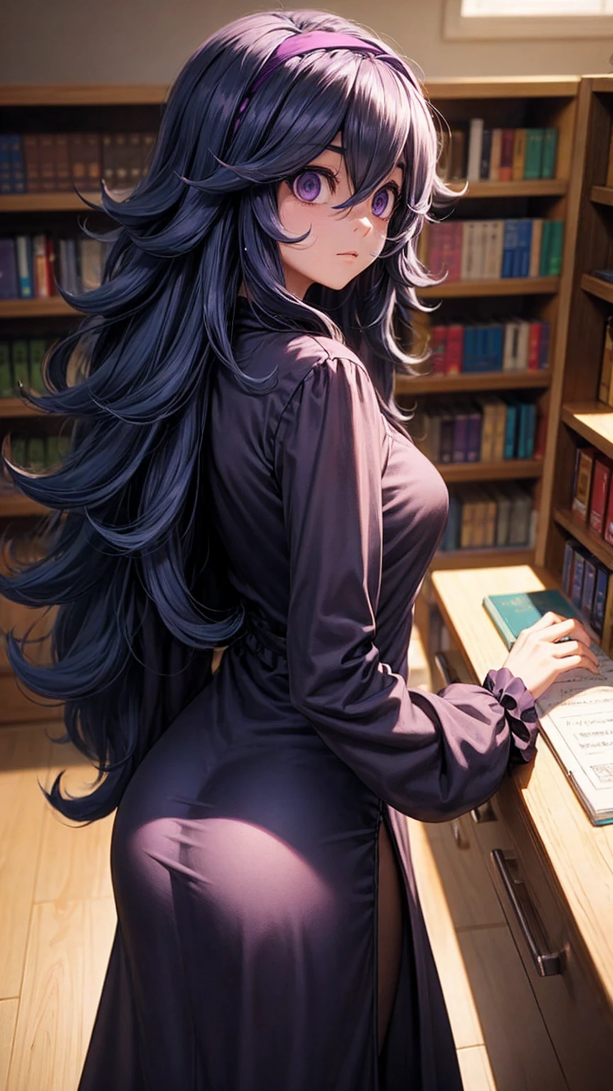  hex maniac,  headband,  messy hair,  purple eyes, Purple Hair, purple  headband, @ @,
black  dress,  dress, long  dress,  Long Sleeve ,  Juliet sleeve,
indoor, library,  bend your back,
 viewers,  cowboy shot,  Dutch angle to the side,