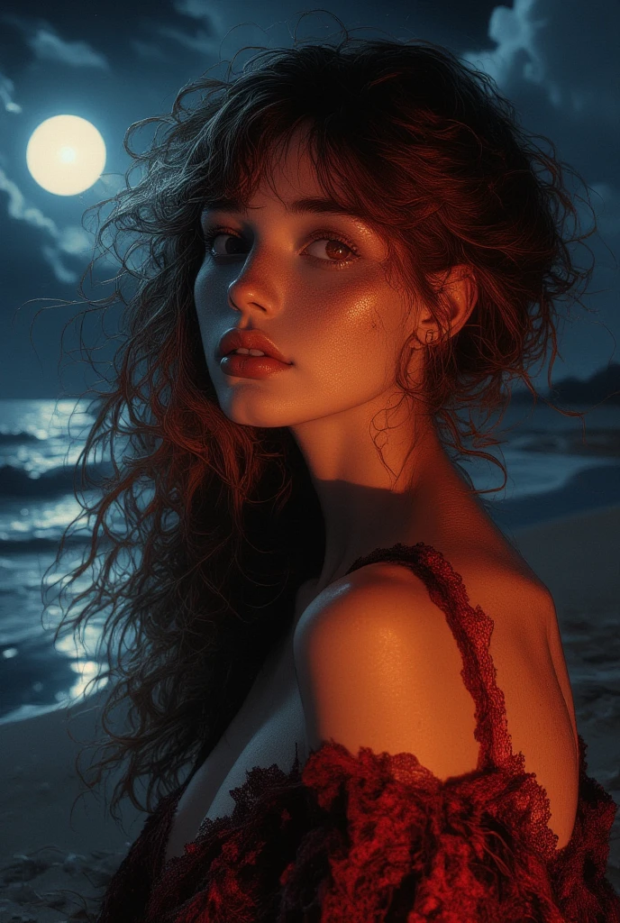 A cute woman, string bikini, sexy poses on moonlit beach show her entire body, show her entire body