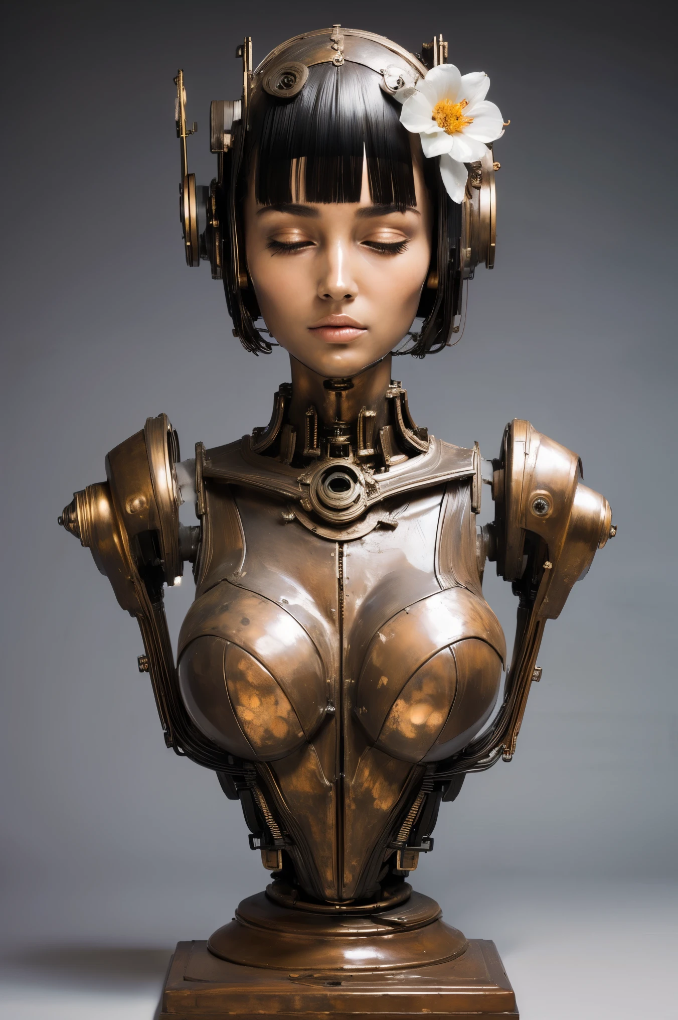 (masterpeace), ((super real photography: 1.5)), ((photo realistic: 1.3)), (real photo: 1.5),
A Japanese young girl with a lot of flowers, ((A young girl robot: 1.5)), (bust statue),
BREAK
headgear, ((real metalic skin)), ((beautiful face: 1.5)), ((Super cute: 1.5)), ((face: 1.5)), ((well-balanced face)), (close eyes: 1.3)), longeyelashes, stunning big eyes, luscious glossy lips, ((blunt bangs: 1.5)), (long hair),
BREAK
(slender body: 1.3), petite bust, flower bloom, (flowers: 1.5),
BREAK
High-Mechanic body, octane rendering, Super Detailed machine, ((connected electric cables)),
BREAK
(simple background: 1.3), ((bust shot: 1.3)), cinema quality, professional photograph, (photo studio: 1.5), (Bright Light: 1.2), Eye-Level Shot, wide lens, (fujifilm 35mm), (film photo), RAW, Excessive Embellishment, UHD,
BREAK
anatomically correct, textured skin, best quality, 8k