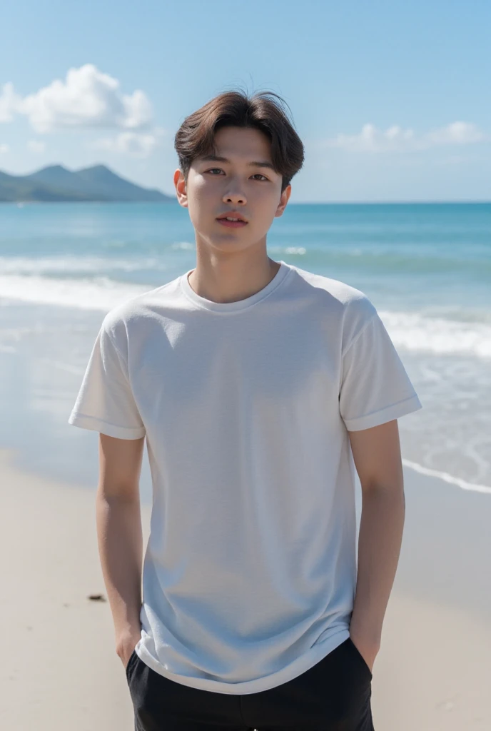 (As a matter of fact, Masterpiece, 8k HD, good light quality, sportswear, fit the face, complicated details), Handsome Korean young man, 20 years old, be happy, smile brightly, detailed face, delicate eyes, มองดูsky, Wear casual clothes, period, black eyes, Black hair color, ผมsmooth, smooth, outdoor sports, By the sea, Sunny,sky,Surreal,Awesome details,Highest quality,real,