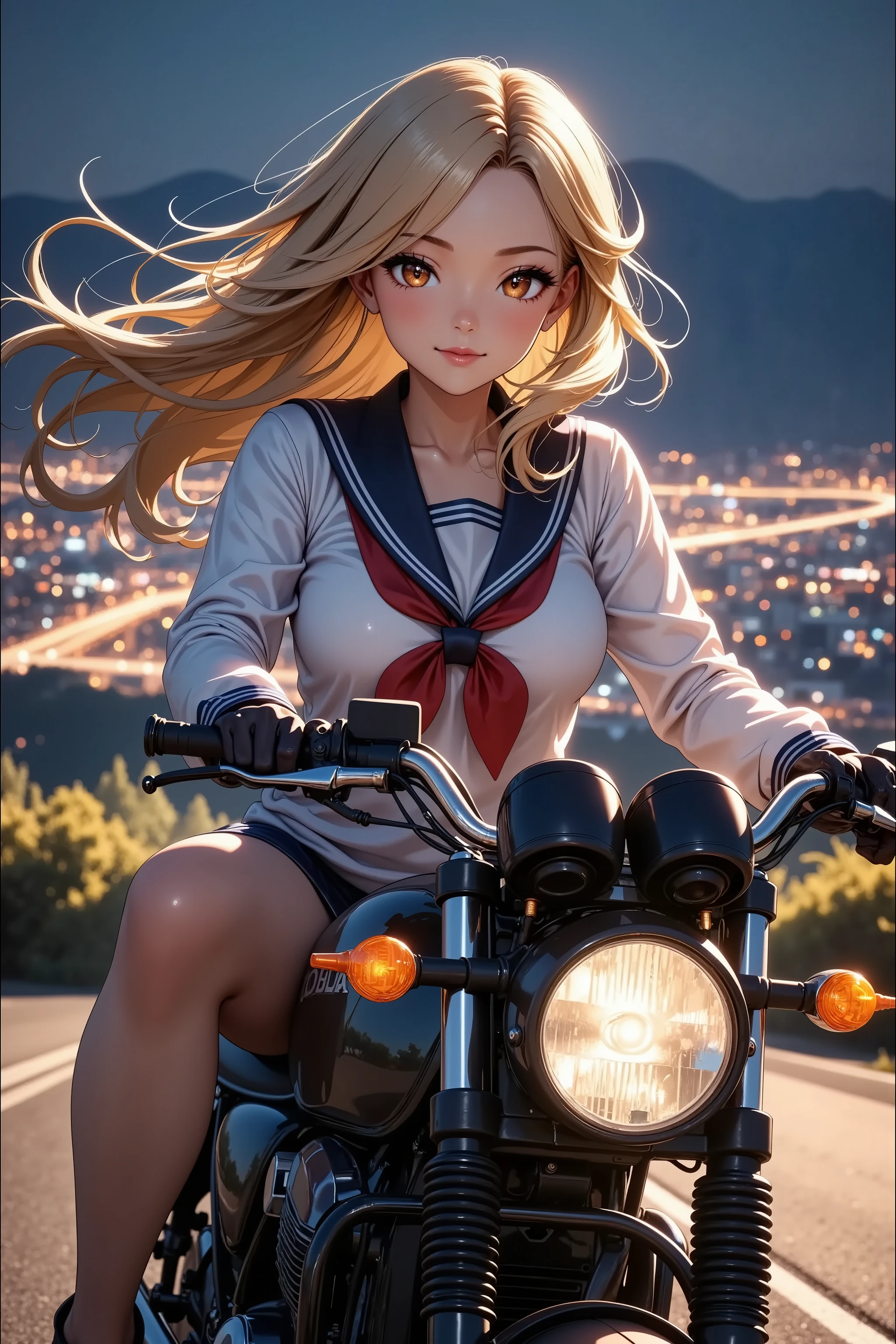 チューニングされたカフェレーサーオートバイに乗る1人の女の子, 1983s HONDA CBX400F, glossy brown skin, small breasts, video, yellow hair, inviting, top quality, textured skin, 細い足 、 high heels、 movie light effect, Mountain top、Big city night view