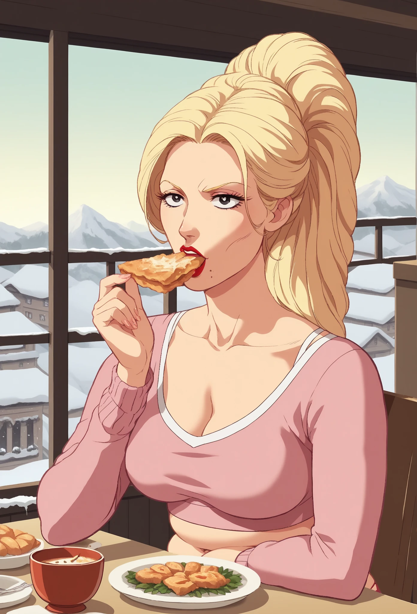 score_9, score_8_up, score_7_up, score_6_up, anime screencap, anime coloring, FGKycilia, 1girl, gained some weight, plump belly, solo, blonde hair, tight high ponytail hair, widen opened eyes, ears, black eyes, big round eyes, long eyelashes, prominent eyelids, prominent neck, makeup, red lipstick, breasts, long legs,
Tight White fabric Bikini and Pink Cardigan,
Sit on the chair, hips, navel, prominent plump belly, fulled stomach, bellybutton, eating a Chocalate, chocalate sauce driiling out of her mouth, seductive,  fair skin, visible midriff,
BREAK in balcony, balcony overlooking a dozens of tea plantantions and snowy mountain, messy fastfood on table,