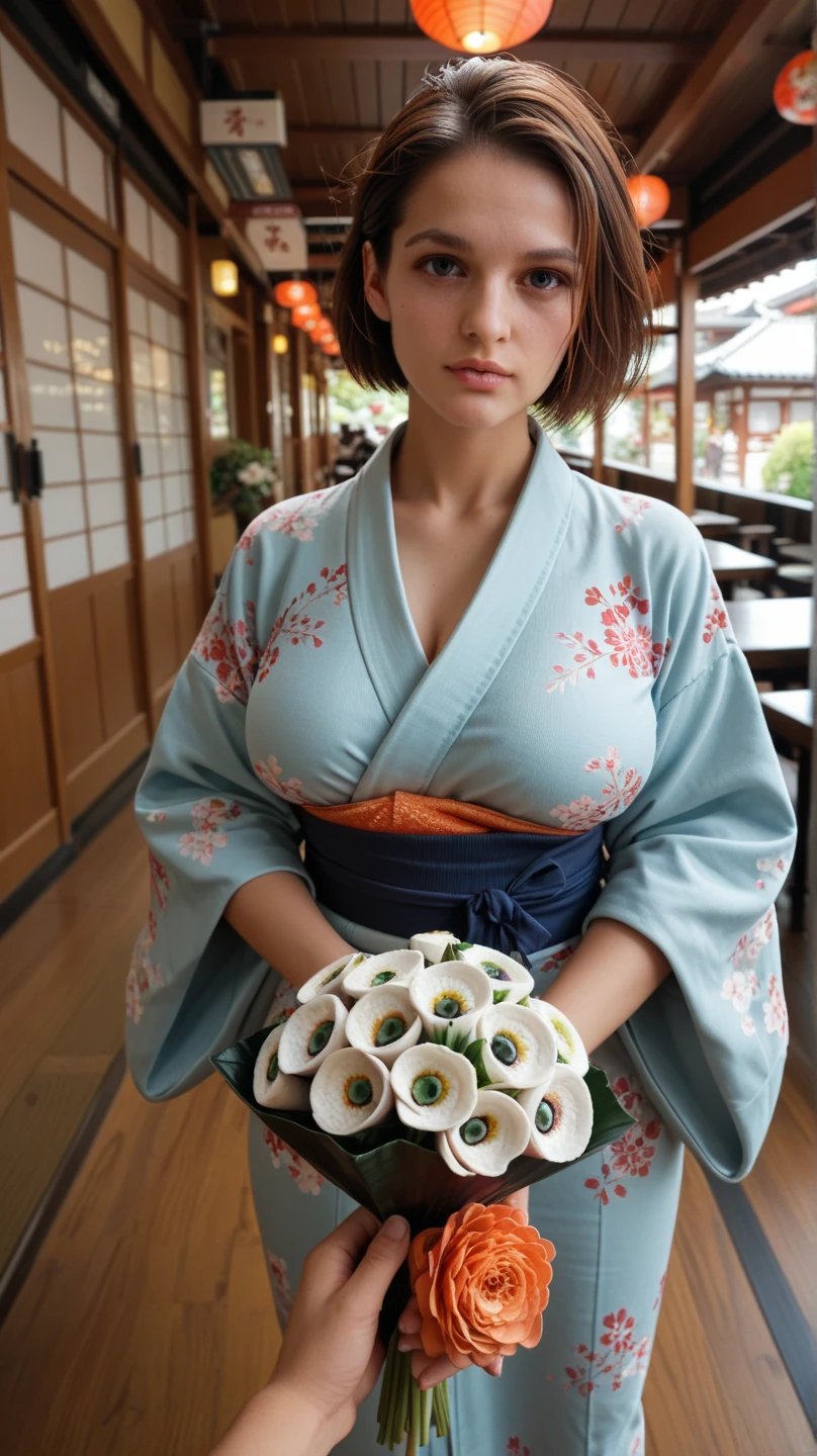 High Resolution, masterpiece, 1girl, alone, best quality, realistic,
blond hair, short hair, ((Beautiful breasts)), sexy abs
(Pose: The woman is standing outdoors, holding a bowl of green tea dessert with one hand and a spoon in the other, ready to take a bite. She is slightly angled towards the camera, giving a candid and natural look.)
(Angle: The angle is a mid-shot, focusing on her upper body and capturing the background details of a traditional Japanese street. The lighting is soft and natural, highlighting her and the surroundings beautifully.)
(Expression: She has a pleasant and slightly surprised expression, with her mouth slightly open as she looks at the camera. Her expression adds a sense of spontaneity and charm to the scene.)
(Outfit: The woman is dressed in a beautiful floral-patterned yukata (a casual summer kimono), with a green obi (belt) tied around her waist. She carries a matching green kinchaku (traditional Japanese drawstring bag), complementing her outfit and adding to the authenticity of the scene.)
((Beautiful breasts)), BIG ASS, Thigh gap (sexy woman), (20 age old), evil smile , aroused, gros seins couverts, regard magnifique, cheveux blonds, 25 ans, jeune femme 4K, HDR. (James C. Christensen:1.2|Jeremy Lipking:1.1), fit, sporty, Amazonian structure, muscular physique, Muscular arms, erotic beautiful body of a queen,
(Dynamic camera:1.2), (masterpiece), (best quality:1.2), Intricate detailing, Skin deepening,
(Very detailed skin:1.2), shadows, contrast, cinematic lights ultra high resolution, Kodak vision colors, extremadamente detallado, Realistic, maximum details, real life, fotorrealismo, 8K UHD, 4K, ultra-detailed,