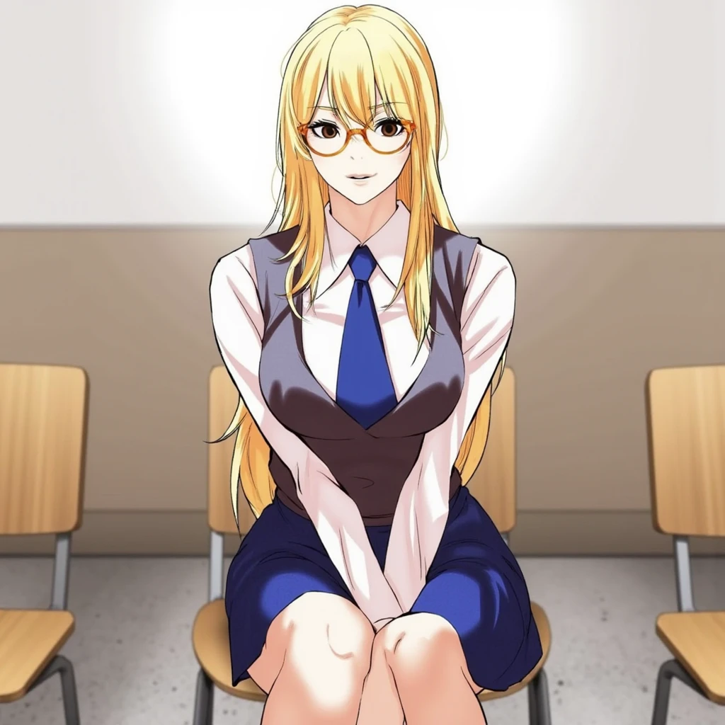 Lookism Manhwa depicting a blonde woman with long hair, wearing glasses. She is dressed in a school uniform, consisting of a white blouse, blue tie, and a blue vest and skirt. She is seated in a classroom, sitting on a chair with her legs crossed, looking confidently towards the viewer. The classroom setting includes a desk and a neutral-colored wall