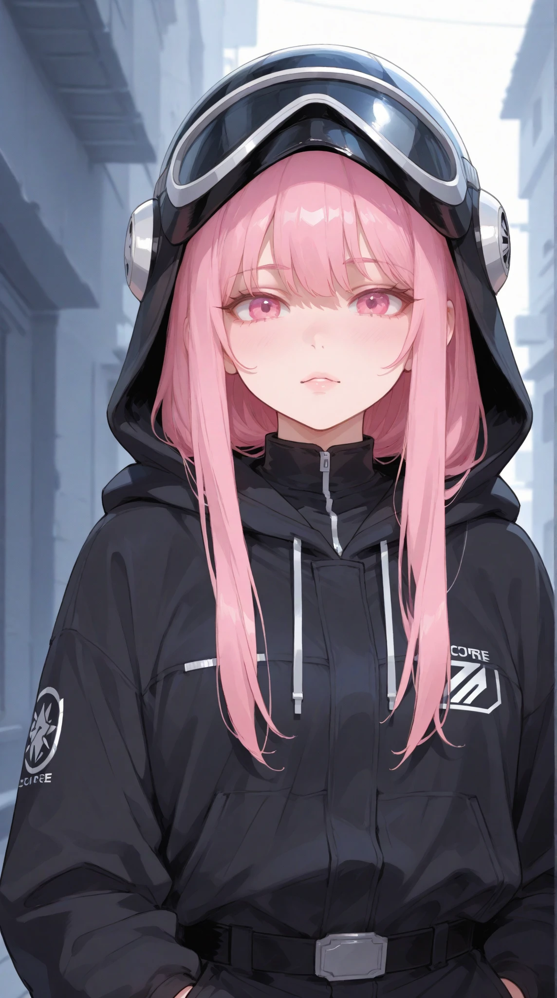 Close-up of waist to head :
 A beautiful young Korean woman .
pink hair color, neon, long to the waist, fluttering.
Lilac-colored eyes, expressive, obfuscating, bioluminescentes, neon.
 stormtrups helmet-shaped black hooded jacket (StarWars), Written: "@AI.creatingart".
expression: rAIva, hatred, rancor.
