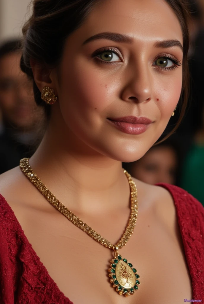 Tall curvaceous thick lady in her 20s, breast size g cup, black lustrous hair, curvy thighs,. The lady has a evil smile expression, wearing a elegant saree with no blouse and navel visible, thick, curvy inner thighs completely visible, legs spread open, saree slightly lifted above thighs, lady wearing a thin an long necklace is made of gold and has a long chain with black and gold beads. The beads are arranged in a repeating pattern, with the largest bead at the bottom and the smallest at the top. In the center of the necklace, there is a pendant with a design in the shape of a queen of spade symbol , The pendant is attached to the chain with a gold clasp. The overall style of the jewelry is traditional and elegant, the lady is adorned with a striking thin golden chain around her hips. She has a small red bindi on her between her eyebrows and green colored glass bangles on her wrist  UHD, retina, masterpiece, accurate, anatomically correct, textured skin, super detail, high details, high quality, award winning, best quality, highre