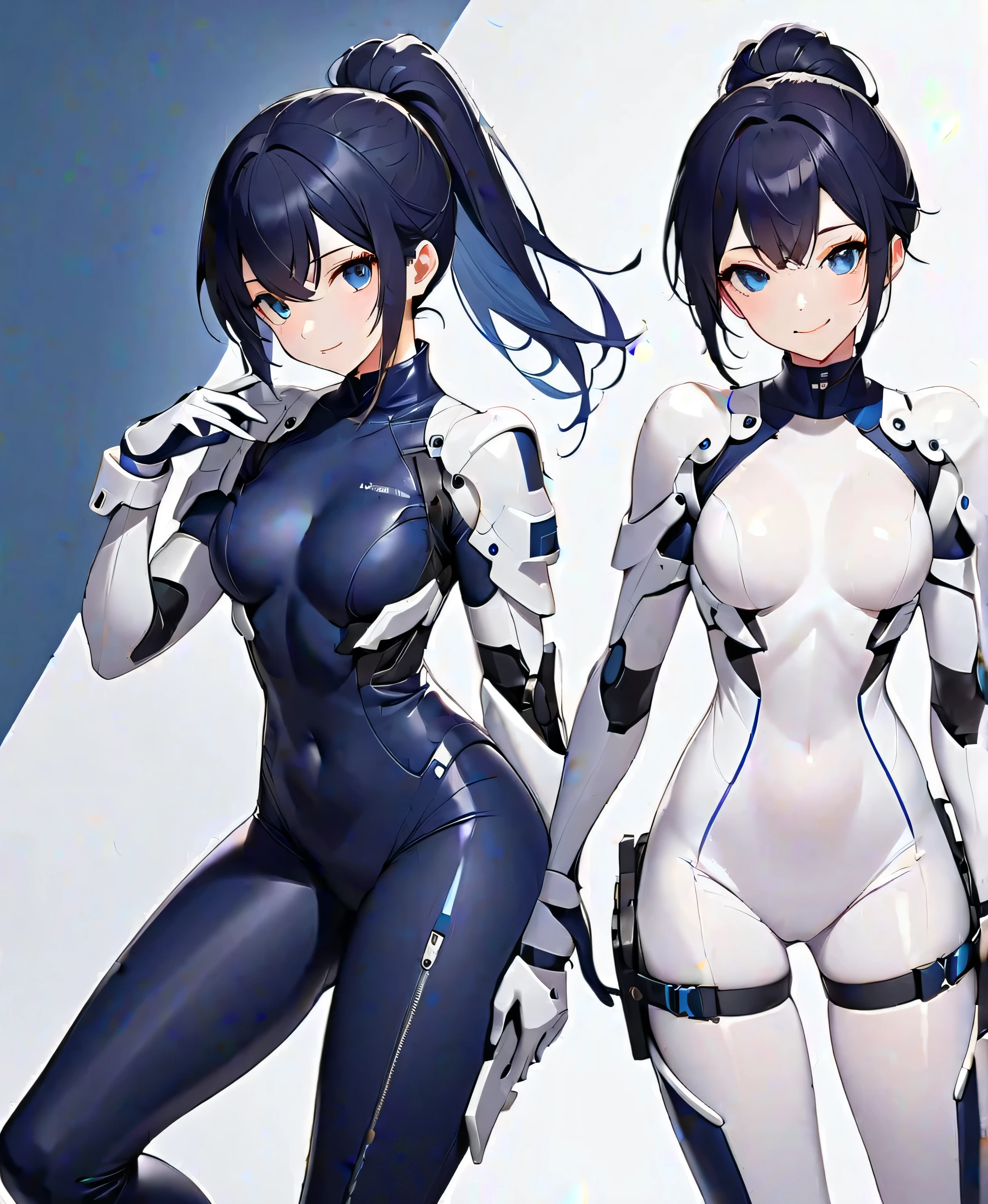 2girls, blue hair, very short hair, blue eyes, breasts, large breasts, smile, smirk, smug, bodysuit, black bodysuit, tech, futuristic, science-fiction, neon, neon trim, pantyhose, black pantyhose, full body, ((full body))