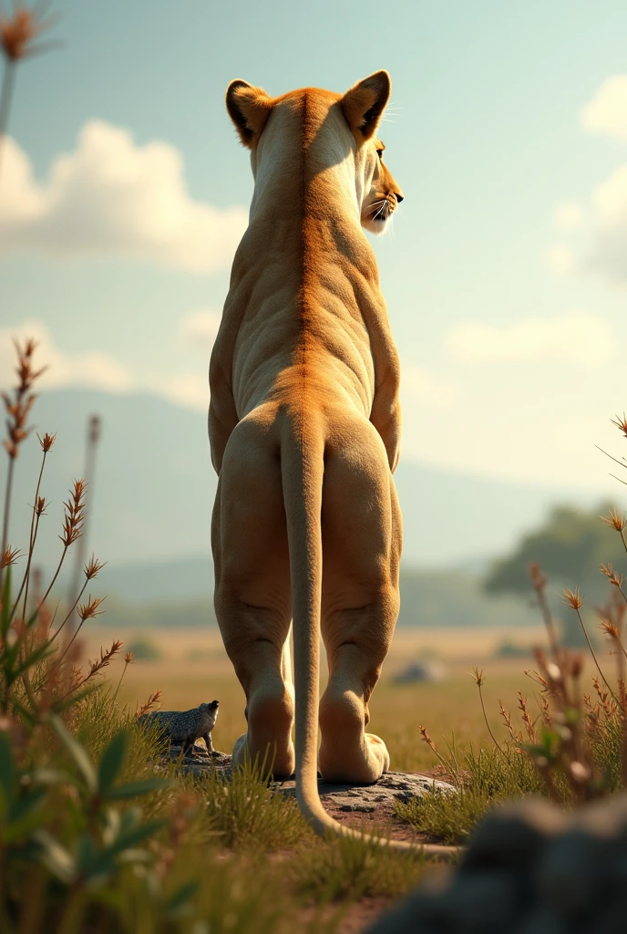 Feral lioness, Nala, high resolution, realistic, Soft, 4K, upscales, high detail, Delicate fur, ((The tail in the right place)), green eyes, bedroom eyes, white sclera, lifted tail, hyper canine pussy, savanna, large eyes, presenting pussy, looking back at viewer, 1 lion tail, black canine pussy, dripping canine pussy, cub, young, smug look, detailed eyes, beautiful eyes