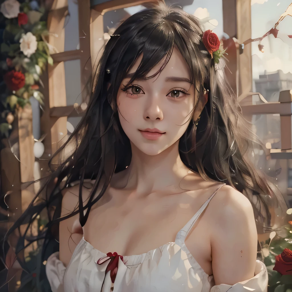 Anime girl with long black hair and a white dress with red roses, Gwaiz, Gwaiz on pixiv artstation,  detailed digital animation art, beautiful anime girl, Gwaiz on artstation pixiv, Anime Style 4k, everyone, beautiful anime portrait,  detailed portrait of an anime girl ,  BEAUTIFUL ANIME WOMEN ,  Detailed Anime Art 