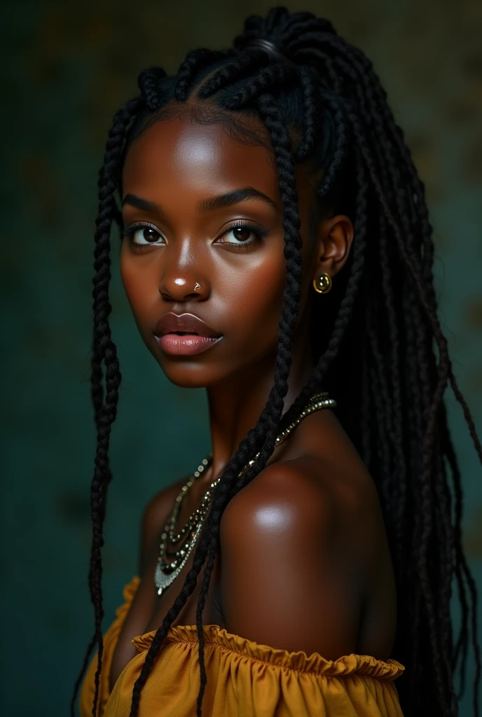 cute hair, chocolate skin, ager, beautiful face, deep chocolate skin, showing breasts, SFW, upper body focus, dark African beauty