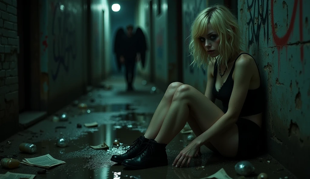 night, portrait, realistic, photography, of drug addicted tiny blonde young woman in black shorts and black shoes, looks like Emma Stone, Large interpupillary distance, white trash clothes gothic, Smokey Eyes, disheveled, sits on the ground and leans heavily against a graffiti-covered brick wall at the entrance of a dark alleyway in New York City. Her eyes, fogged by drugs, stare blankly into space, completely disconnected from her surroundings. Broken bottles and crumpled newspapers litter the wet ground around her, while faint neon light from the street reflects off the puddles. The atmosphere is heavy and somber, emphasizing her isolation and despair. A shadowy man angel figure with wings appears at the far end of the alley, watching her silently