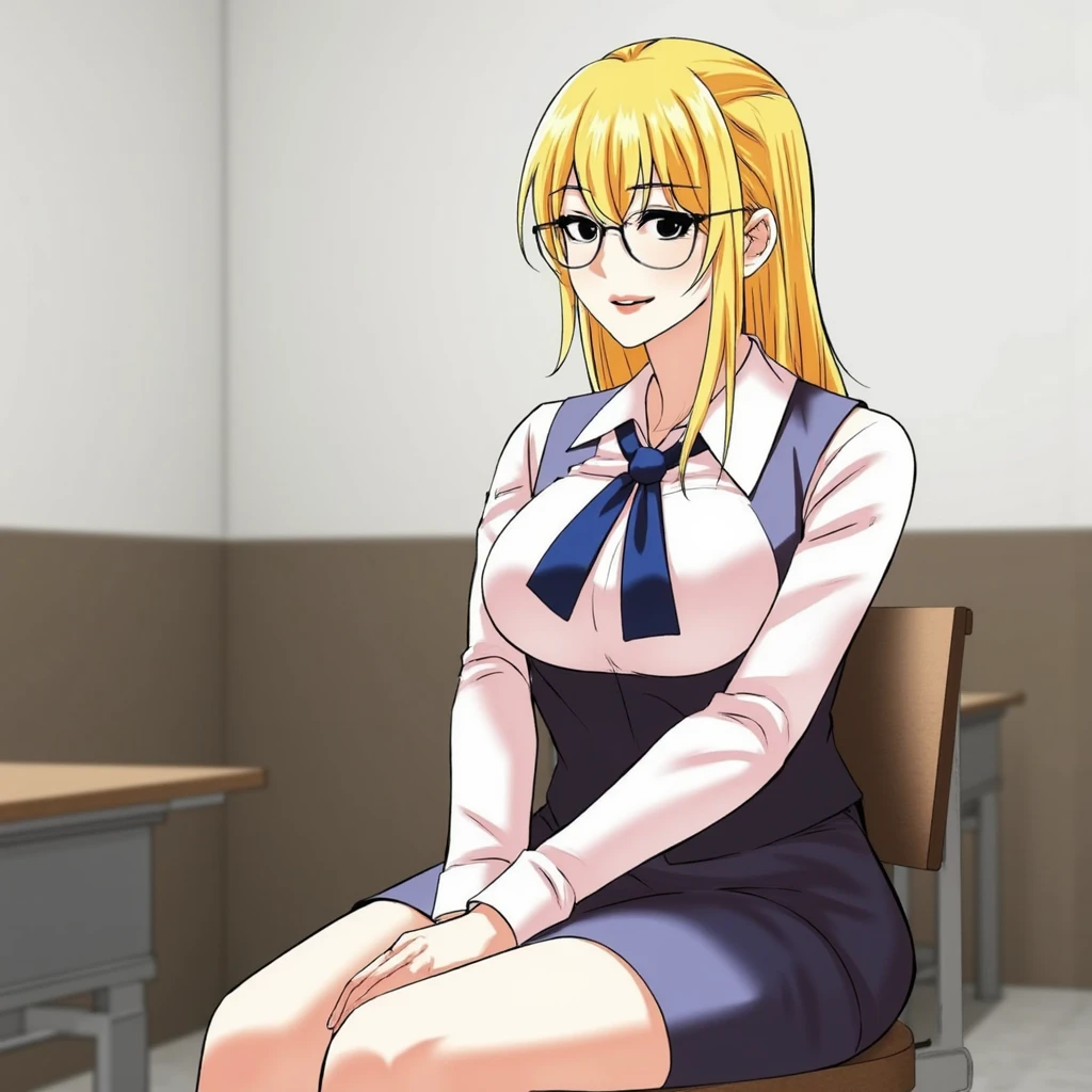 Lookism Manhwa depicting a blonde woman with long hair, wearing glasses. She is dressed in a school uniform, consisting of a white blouse, blue tie, and a blue vest and skirt. She is seated in a classroom, sitting on a chair with her legs crossed, looking confidently towards the viewer. The classroom setting includes a desk and a neutral-colored wall