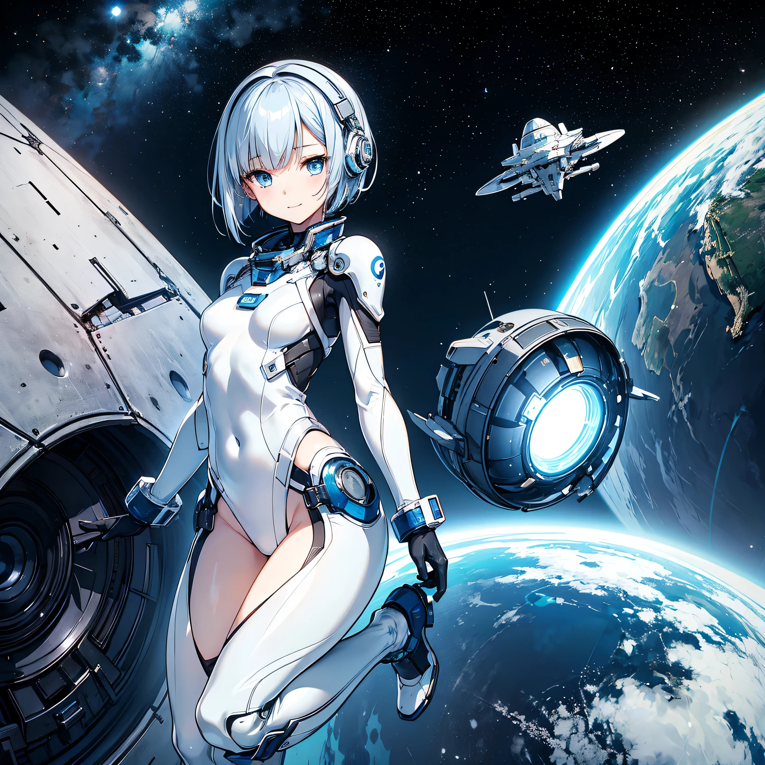 (masterpiece、 top quality 、 highest resolution、 clear_image、 Detailed Details): (Whole body、A 20 year old girl、Japanese Faces、 small face、 slender、 dark blue super short bob cut hair、(Hidden small breasts:1.3)、Sparkling blue eyes 、 white, blue, and black shiny pilot suit、Chest protection armor、Tight fitting clothes、Clothing that covers the whole body、Glamorous clothes、 tight fit pants 、Hide your skin、 very delicate and beautiful、Detailed Skin、Hide your thighs、Hide your ass、 cute、A gentle smile、Soft expression、heroine、 headset、 long boots、Elbow-length gloves、 eye level shot、Peace talks between warring factions,attention arousal, Clever Blue Eyes,Face directly、 woman on a spaceship )、 background、Moon in the background、shiny pilot suit in white, blue and black colors with galaxy clouds on the background