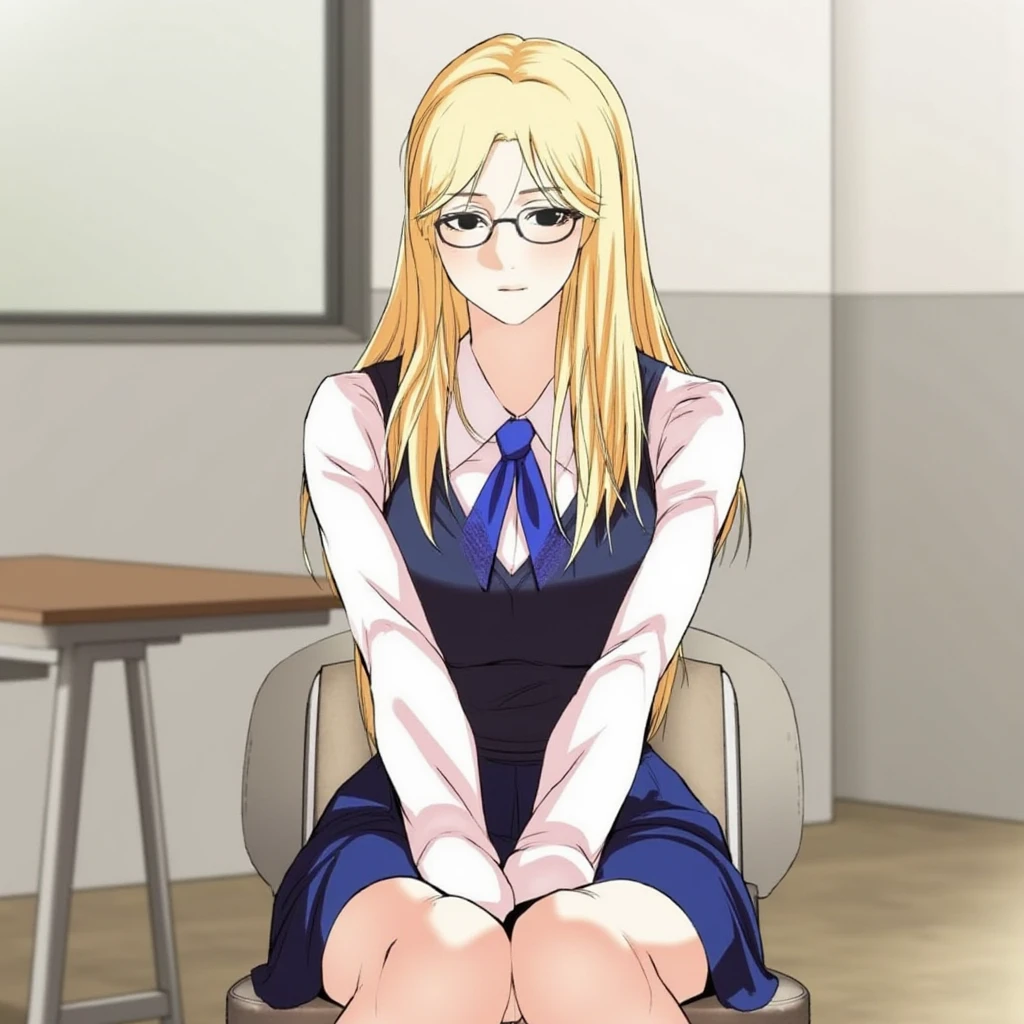 Lookism Manhwa depicting a blonde woman with long hair, wearing glasses. She is dressed in a school uniform, consisting of a white blouse, blue tie, and a blue vest and skirt. She is seated in a classroom, sitting on a chair with her legs crossed, looking confidently towards the viewer. The classroom setting includes a desk and a neutral-colored wall