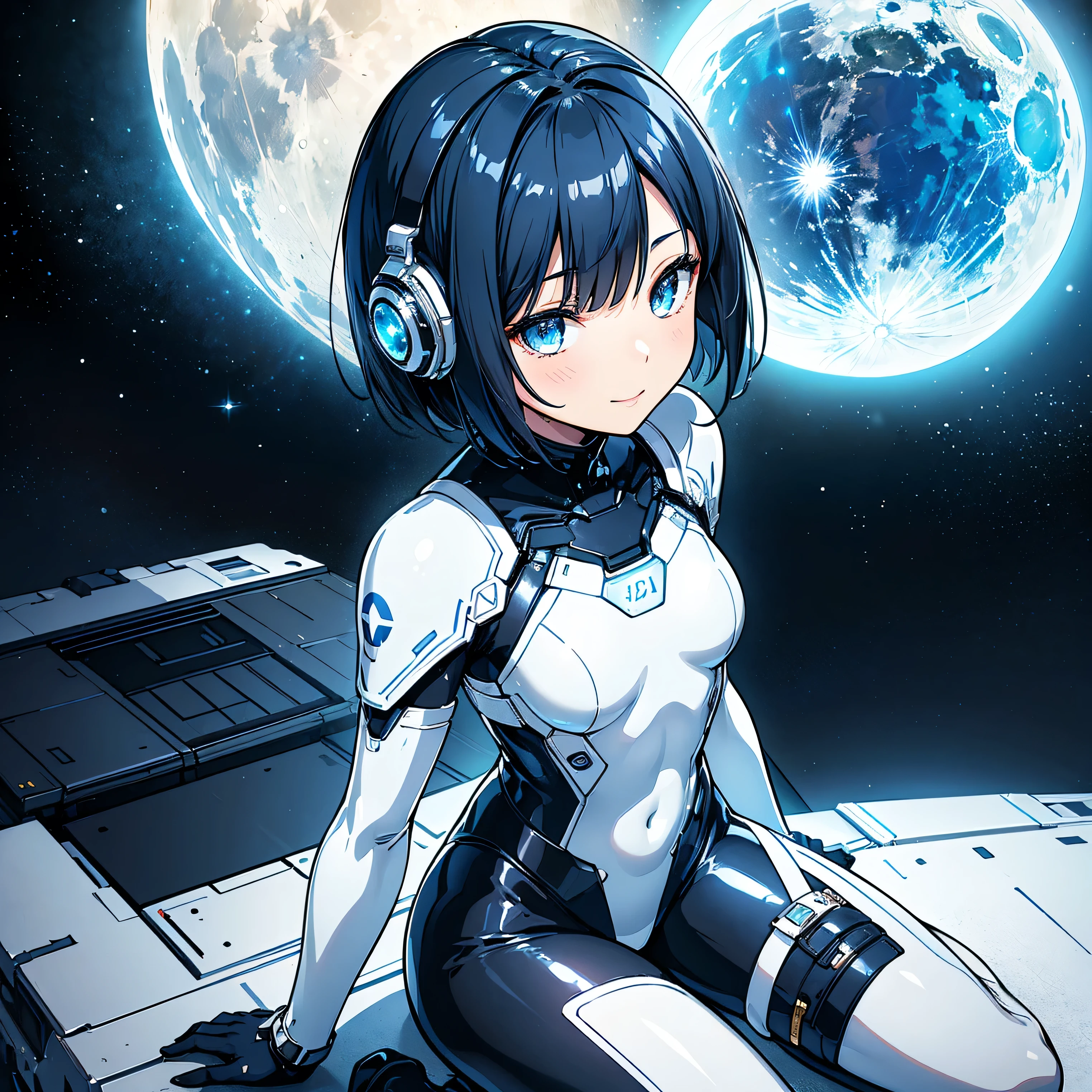 (masterpiece、 top quality 、 highest resolution、 clear_image、 Detailed Details): (Whole body、A 20 year old girl、Japanese Faces、 small face、 slender、 dark blue super short bob cut hair、(Hidden small breasts:1.3)、Sparkling blue eyes 、 white, blue, and black shiny pilot suit、Chest protection armor、Tight fitting clothes、Clothing that covers the whole body、Glamorous clothes、 tight fit pants 、Hide your skin、 very delicate and beautiful、Detailed Skin、Hide your thighs、Hide your ass、 cute、A gentle smile、Soft expression、heroine、 headset、 long boots、Elbow-length gloves、 eye level shot、Peace talks between warring factions,attention arousal, Clever Blue Eyes,Face directly、 woman on a spaceship )、 background、Moon in the background、shiny pilot suit in white, blue and black colors with galaxy clouds on the background