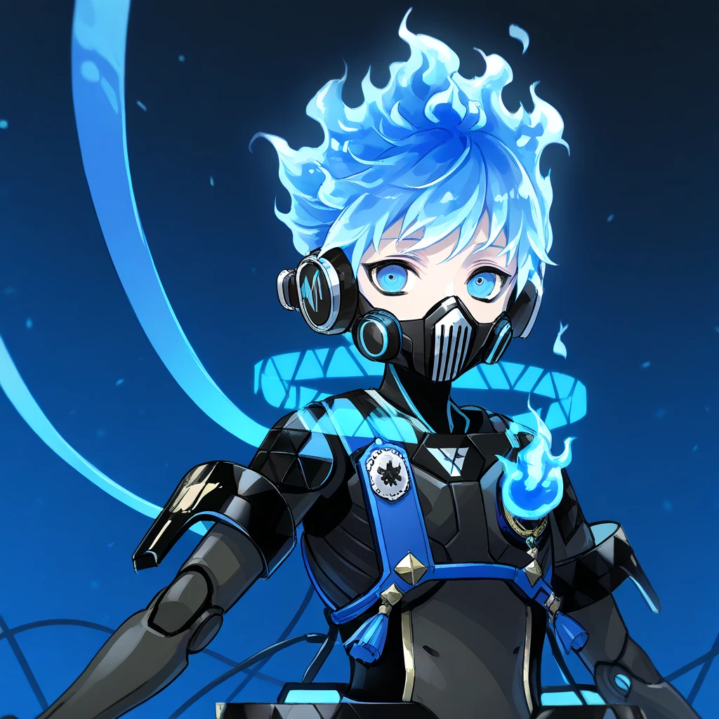 One,  male focus,  1 boy , orthoshroud, respirator,  looks at the viewer , fiery hair, blue fire,  headphones, respirator, mechanical parts,   robot joints   