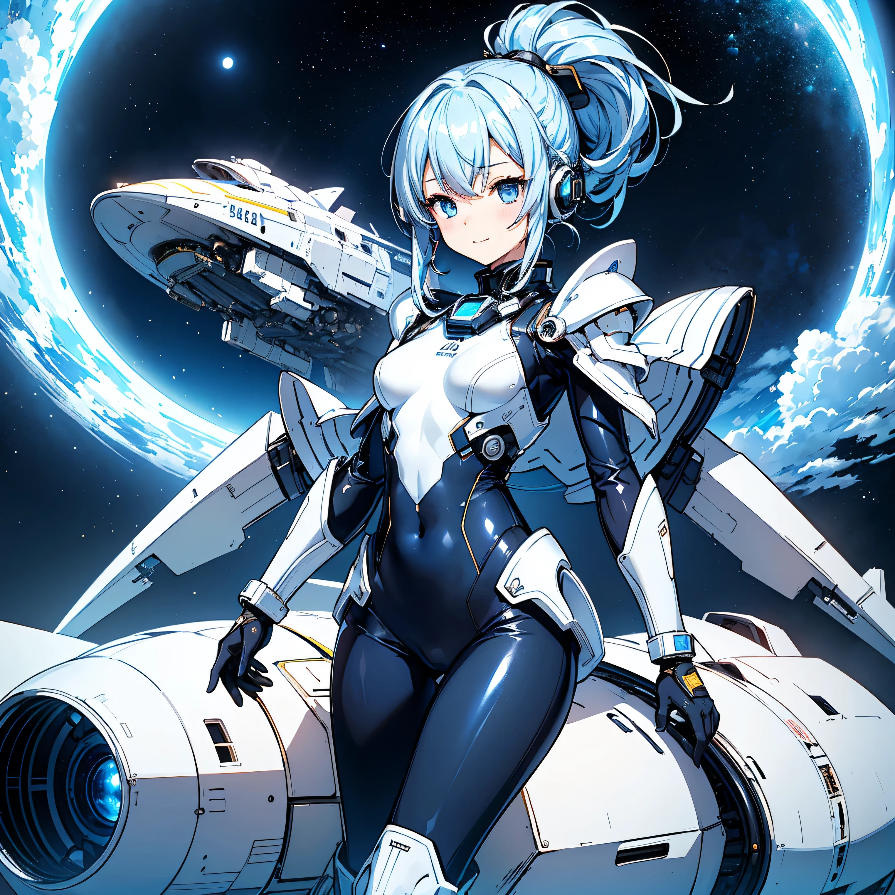 (masterpiece、 top quality 、 highest resolution、 clear_image、 Detailed Details): (Whole body、A 20 year old girl、Japanese Faces、 small face、 slender、Navy blue high knot ponytail、(Hidden small breasts:1.3)、Sparkling blue eyes 、 white, blue, and black shiny pilot suit、Chest protection armor、Tight fitting clothes、Clothing that covers the whole body、Glamorous clothes、 tight fit pants 、Hide your skin、 very delicate and beautiful、Detailed Skin、Hide your thighs、Hide your ass、 cute、A gentle smile、Soft expression、heroine、 headset、 long boots、Elbow-length gloves、 eye level shot、Peace talks between warring factions,attention arousal, Clever Blue Eyes,Face directly、 woman on a spaceship )、 background、Moon in the background、shiny pilot suit in white, blue and black colors with galaxy clouds on the background