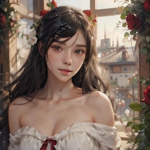 Anime girl with long black hair and a white dress with red roses, Gwaiz, Gwaiz on pixiv artstation,  detailed digital animation art, beautiful anime girl, Gwaiz on artstation pixiv, Anime Style 4k, everyone, beautiful anime portrait,  detailed portrait of an anime girl ,  BEAUTIFUL ANIME WOMEN ,  Detailed Anime Art 