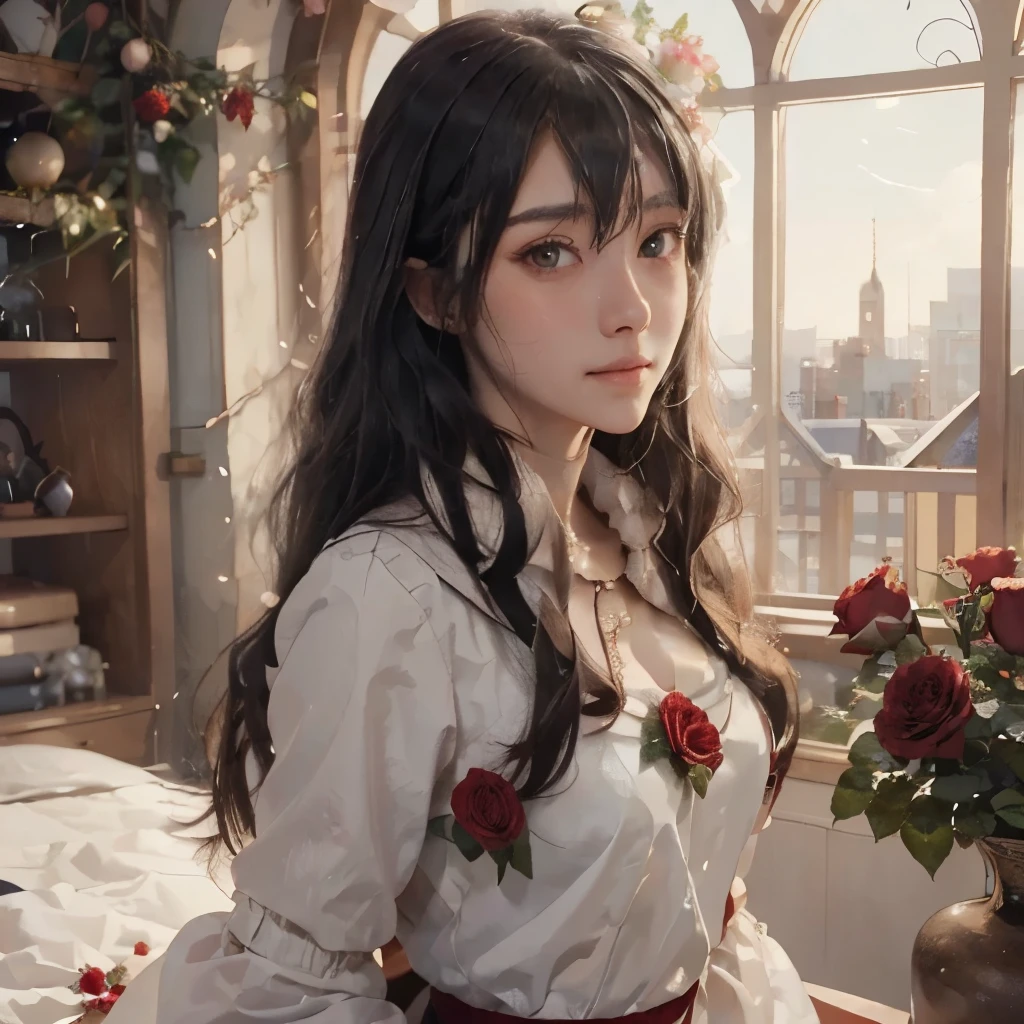 Anime girl with long black hair and a white dress with red roses, Gwaiz, Gwaiz on pixiv artstation,  detailed digital animation art, beautiful anime girl, Gwaiz on artstation pixiv, Anime Style 4k, everyone, beautiful anime portrait,  detailed portrait of an anime girl ,  BEAUTIFUL ANIME WOMEN ,  Detailed Anime Art 