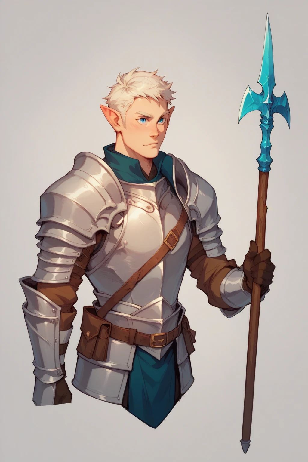 A white-haired male elf who has a blue-eyed centurian sword and a spear on his back who wears armor similar to that of a knight mixed with a thief who shows the character from head to toe and places a drawing sheet with spirits around it