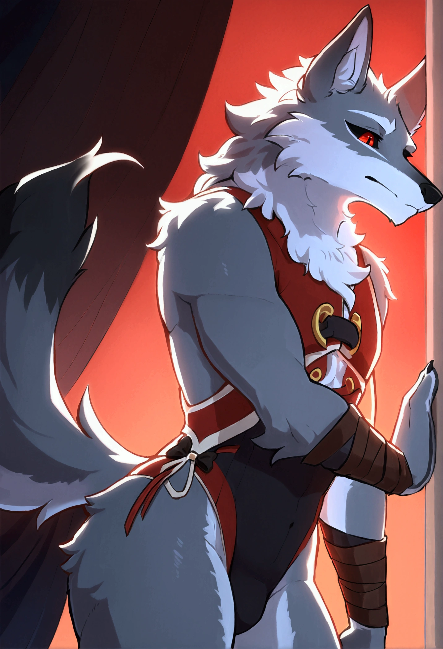 (top quality, best quality, Dabaicai, High-quality illustrations, masterpiece, perfect artwork, cinematic light and shading, 16k, 1080p, uploaded on e621)(kemono, furry, anthro, alone), 1 larger male, (very detailed body, face, tail, arms, hands, legs, head and eyes), Assasin’s Creed, grey wolf, Death, thick thighs, grey fur, fluffy, wolf ears, wolf fluffy tail, perfect eyes, black sclera eyes, red eyes, beautiful Assasin outfit, beautiful Assasin swimsuit, night city, body movement, body twitching, jiggle physics,