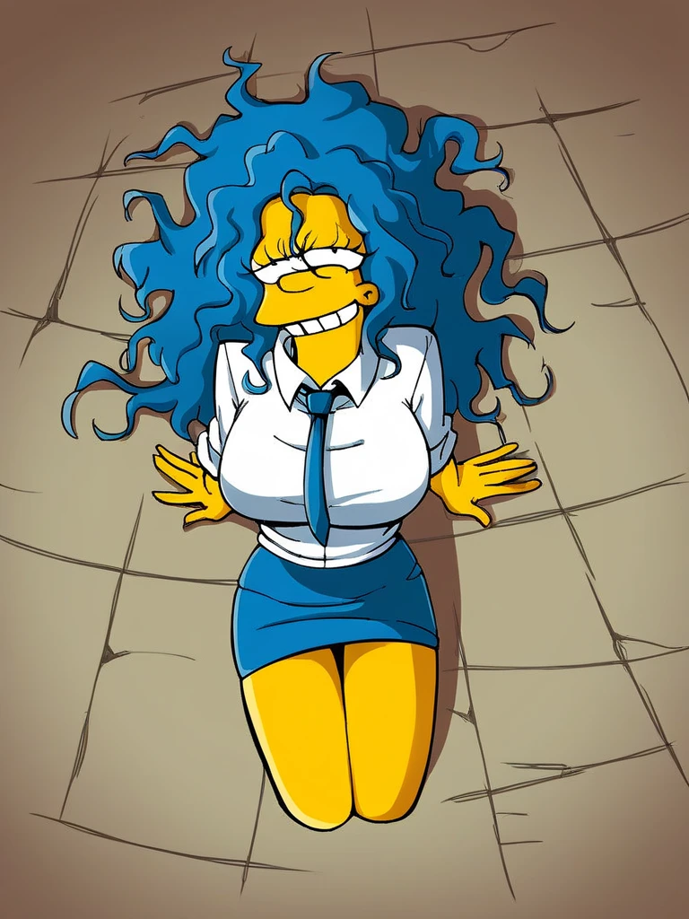 score_9, score_8_above, score_7_above, score_6_above, score_5_above, score_4_above, flat art, full figure, 1 girl, adult, solo, m4rg3 as marge simpson, blue hair, loose hair, simple hair, professional, looking at viewer, source _cartoon, hourglass body, big breasts, very sexy very short mini skirt and low cut blouse. smiling very sexy.