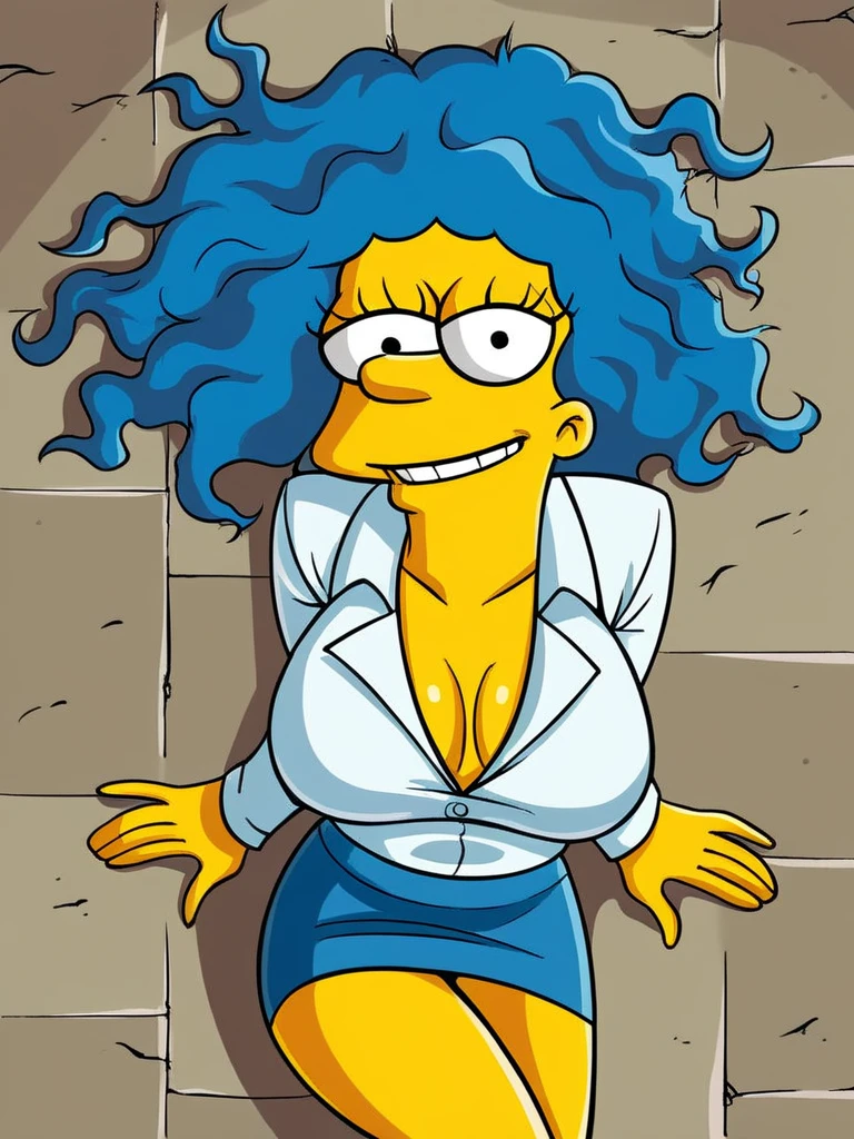 score_9, score_8_above, score_7_above, score_6_above, score_5_above, score_4_above, flat art, full figure, 1 girl, adult, solo, m4rg3 as marge simpson, blue hair, loose hair, simple hair, professional, looking at viewer, source _cartoon, hourglass body, big breasts, very sexy very short mini skirt and low cut blouse. smiling very sexy.