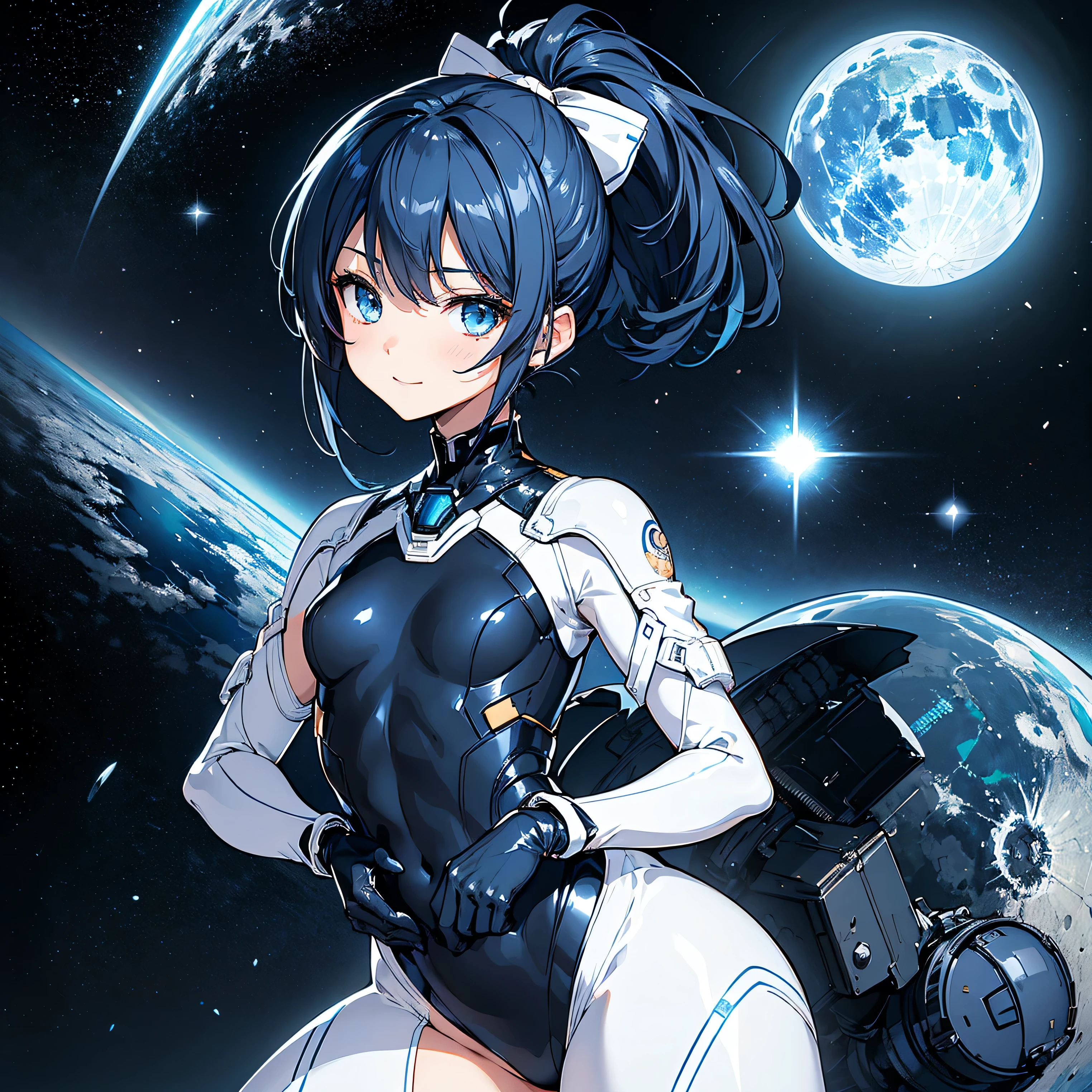 (masterpiece、 top quality 、 highest resolution、 clear_image、 Detailed Details): (Whole body、A 20 year old girl、Japanese Faces、 small face、 slender、Navy blue high knot ponytail、(Hidden small breasts:1.3)、Sparkling blue eyes 、 white, blue, and black shiny pilot suit、Chest protection armor、Tight fitting clothes、Clothing that covers the whole body、Glamorous clothes、 tight fit pants 、Hide your skin、 very delicate and beautiful、Detailed Skin、Hide your thighs、Hide your ass、 cute、A gentle smile、Soft expression、heroine、 headset、 long boots、Elbow-length gloves、 eye level shot、Peace talks between warring factions,attention arousal, Clever Blue Eyes,Face directly、 woman on a spaceship )、 background、Moon in the background、shiny pilot suit in white, blue and black colors with galaxy clouds on the background