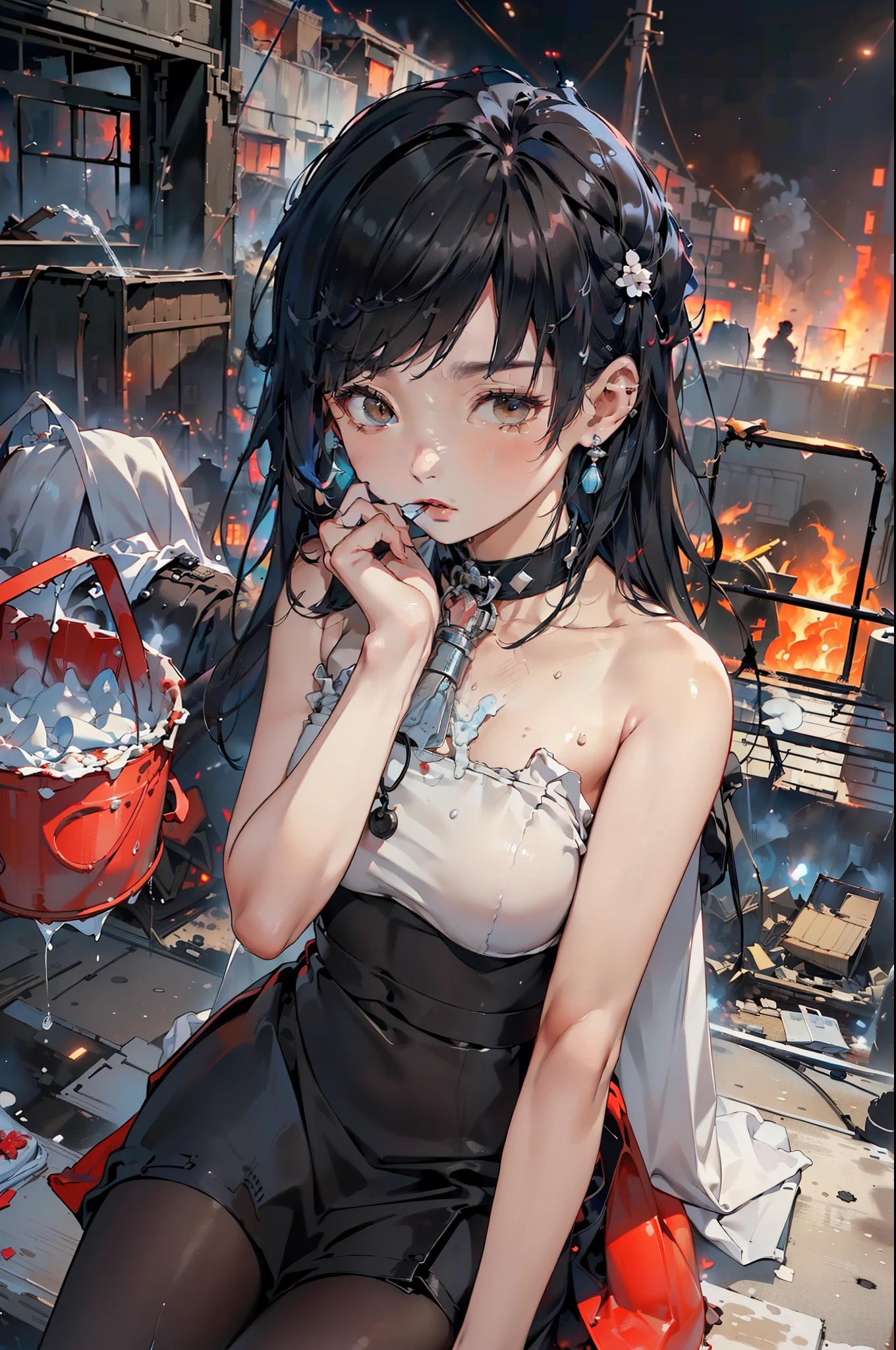 ((A sitting in the street feeling cold crying, teary hinged eyes, sadness cute face 🥺 )), the background of ((a burnt flat ruined and an ambulance, p((olice people turning to extinguish the fire with water buckets, night, police lights, smoke outside the destroyed house, flames))