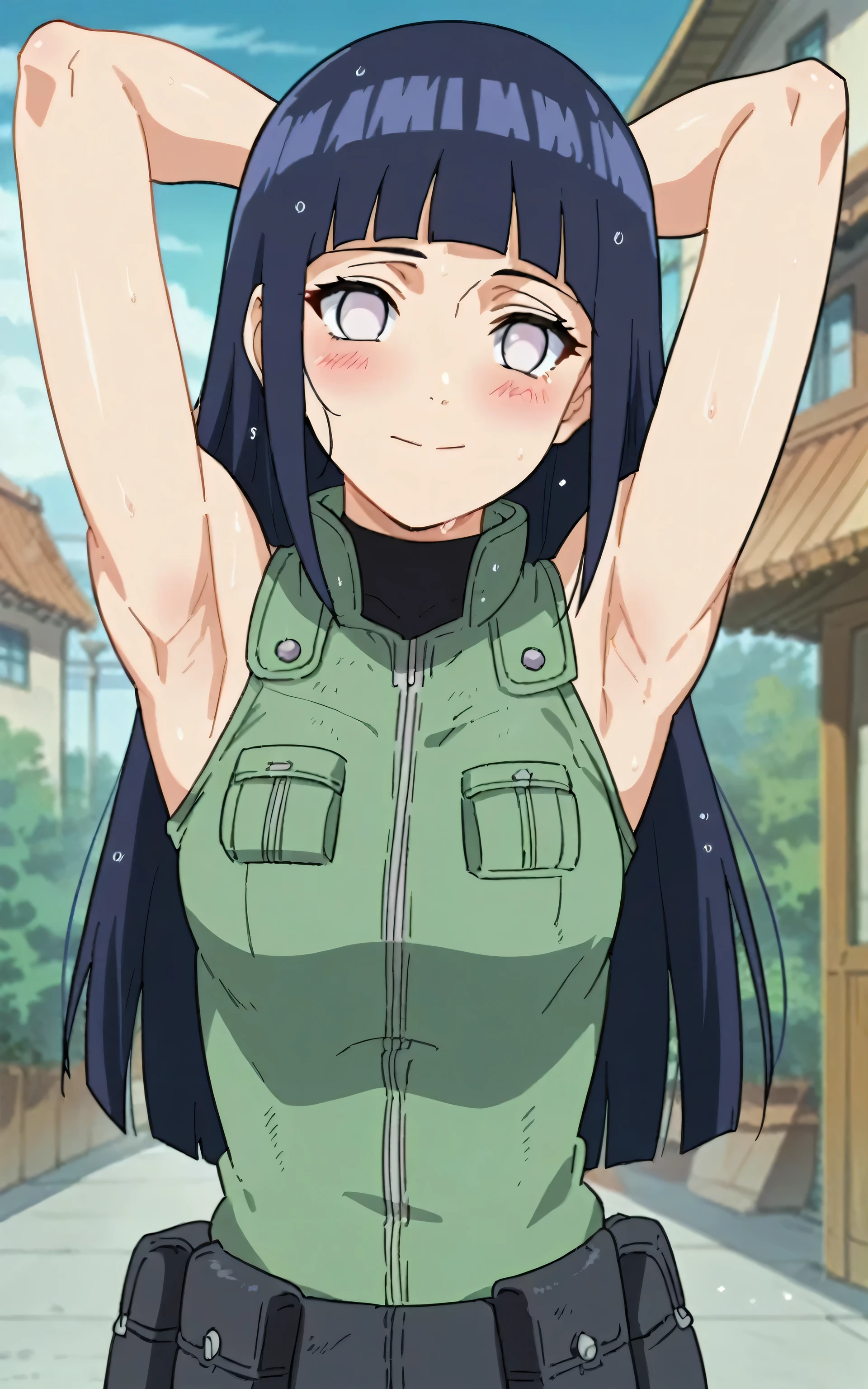 score_9, score_8_up, score_7_up, source_anime, anime screencap, 1girl, solo, ChopioHinataBoruto, purple hair, shiny hair, blunt bangs, sidelocks, no pupils, white eyes, long hair, straight hair, outfit_2, green vest, black shirt, pouch, sleeveless, arms behind head, armpits, looking at viewer, head towards viewer, smile, closed mouth, badhandv4, outdoors, day, sweaty, bare shoulders, bare arms, blush, medium breasts, 